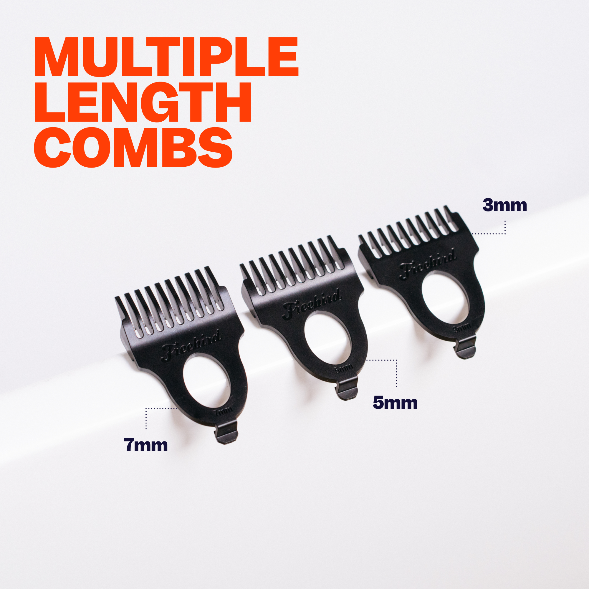 Three black guards labeled 7mm, 5mm, and 3mm on a white background. Text: MULTIPLE LENGTH GUARDS. Product: FlexSeries® Pro Precision Clipper & Guards by Freebird.