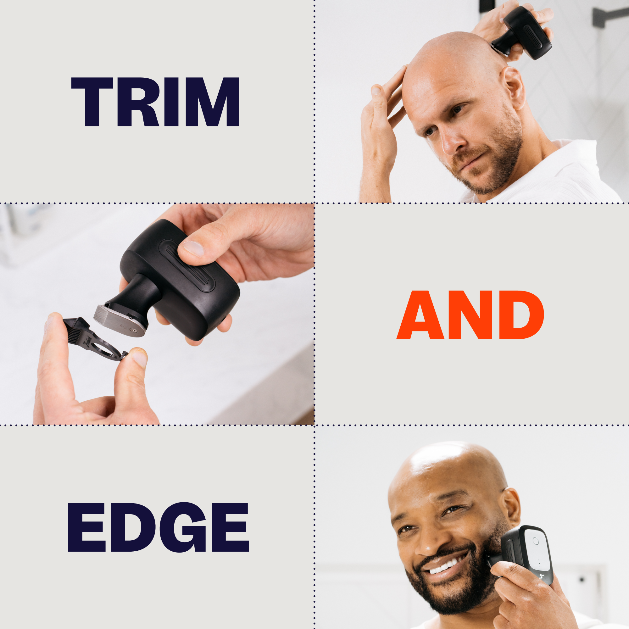 A man is shaving his head with the FlexSeries® Pro Precision Clipper & Guards from Freebird, featuring a close-up of the trimmer, and a smiling man holding the clipper. Text: Trim and Edge.