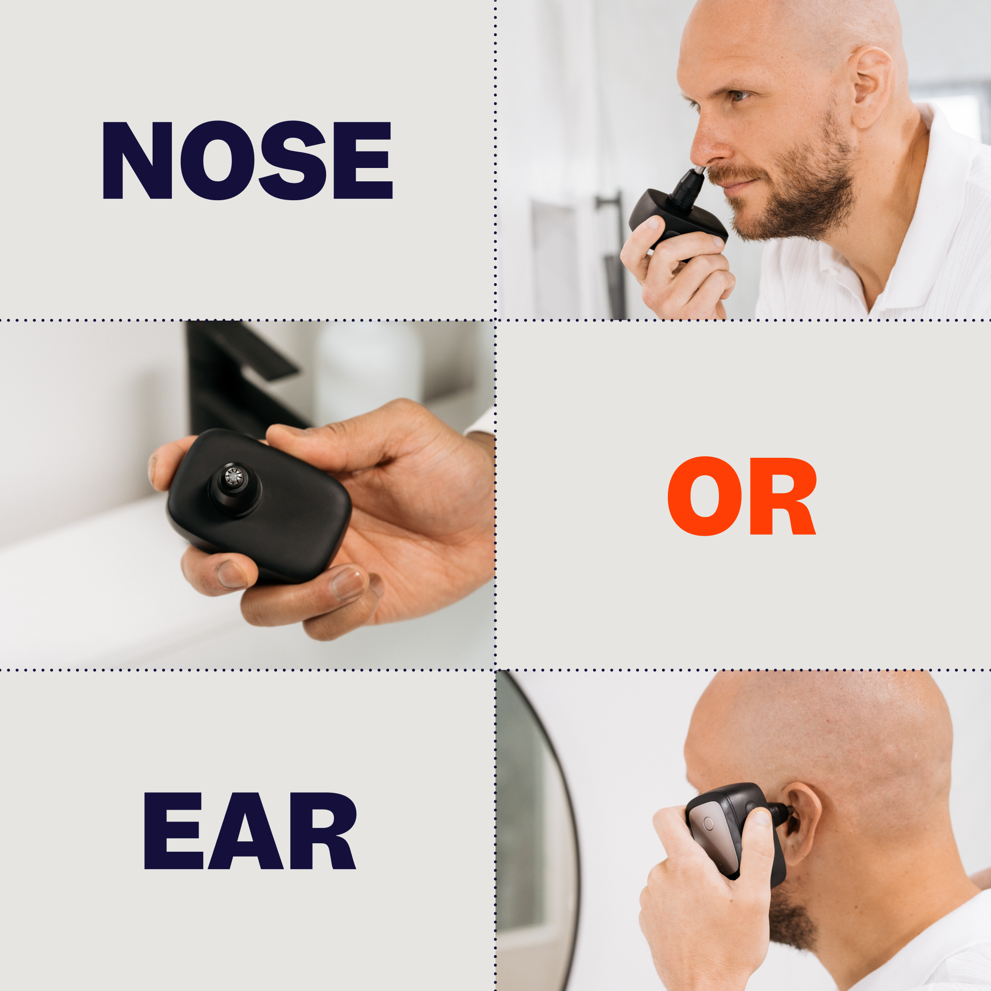 A man utilizes the FlexSeries® Pro Nose & Ear Trimmer by Freebird, an essential tool in personal care. Its product description emphasizes its precision efficiency for a comfortable grooming experience. The text includes NOSE OR EAR to catch attention and optimize SEO keywords for improved visibility.