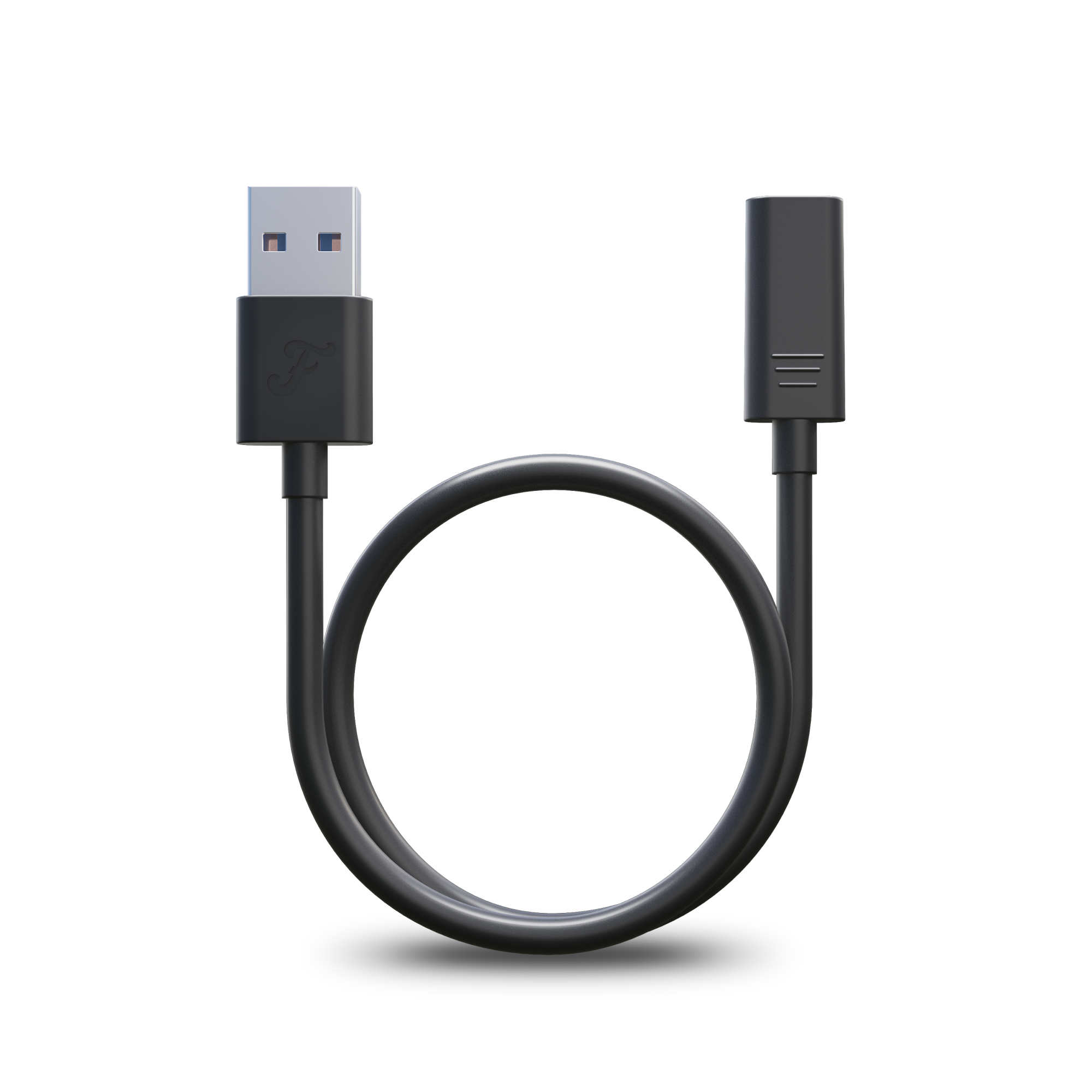 FlexSeries® Pro USB Charging Cable by Freebird: A black USB extension cable featuring a male connector on one end and a female connector on the other, coiled in a loop. For more detailed specifications, all product details are required to be filled out.