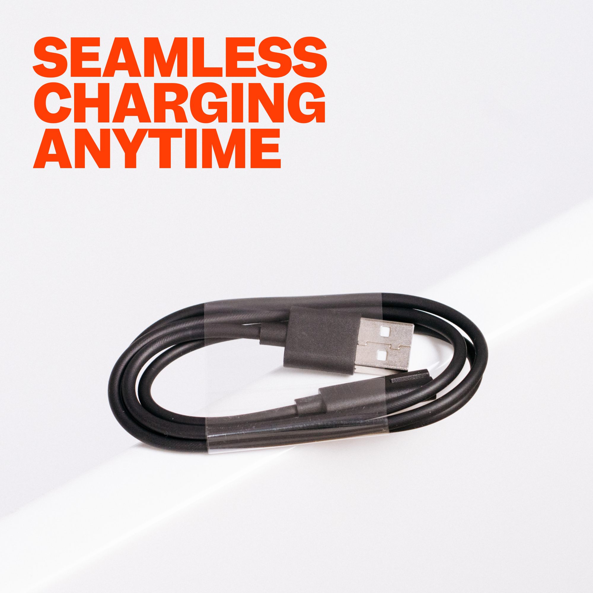FlexSeries® Pro USB Charging Cable by Freebird on a white surface with the bold orange text, Seamless Charging Anytime. Remember, ALL PRODUCT SPECS MUST BE FILLED OUT for a complete experience.