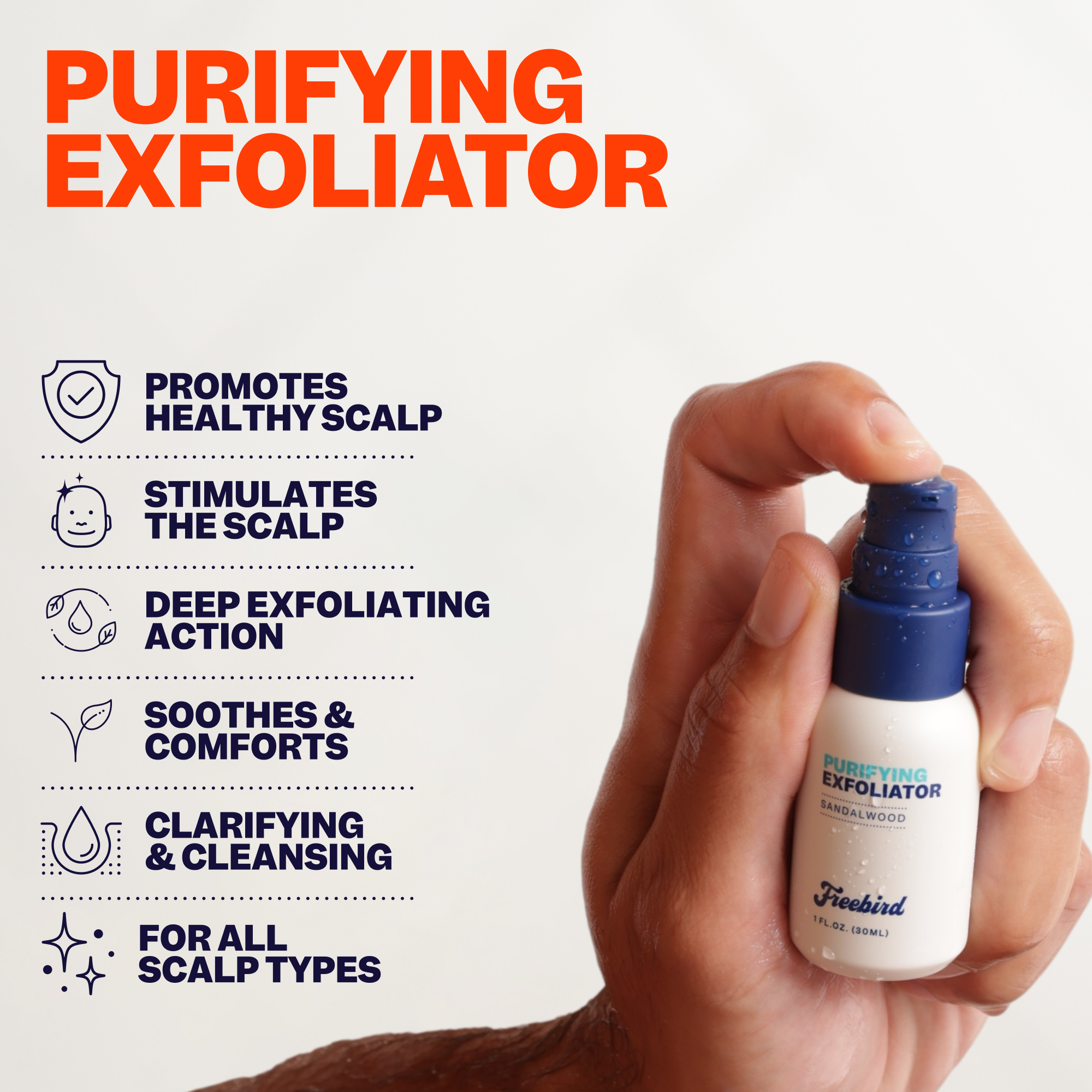 Hand holding a Freebird Scalp Care Kit with listed scalp care benefits on a white background.