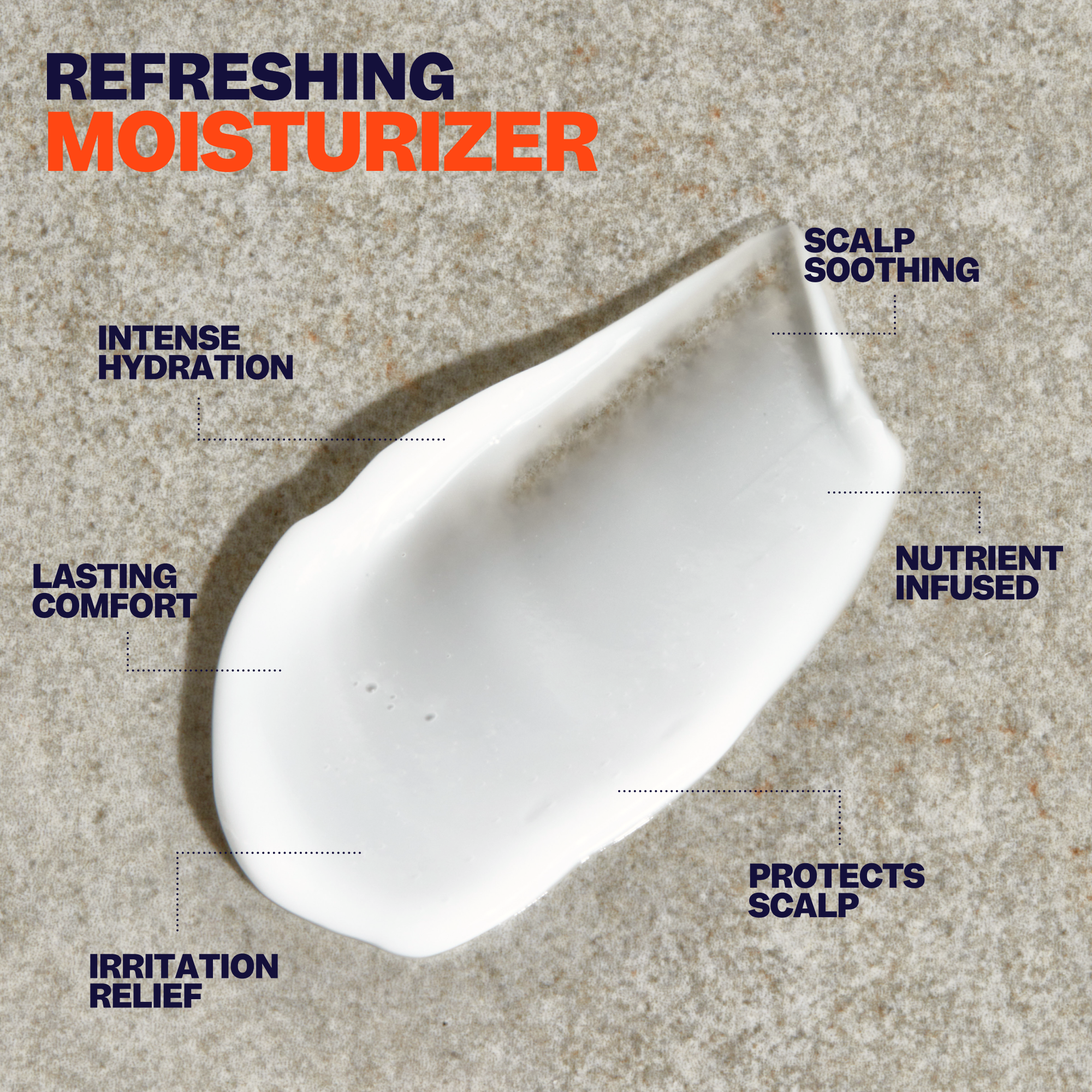 A smear of white Freebird Scalp Care Kit on stone, with blue and orange text highlighting benefits for bald head care.