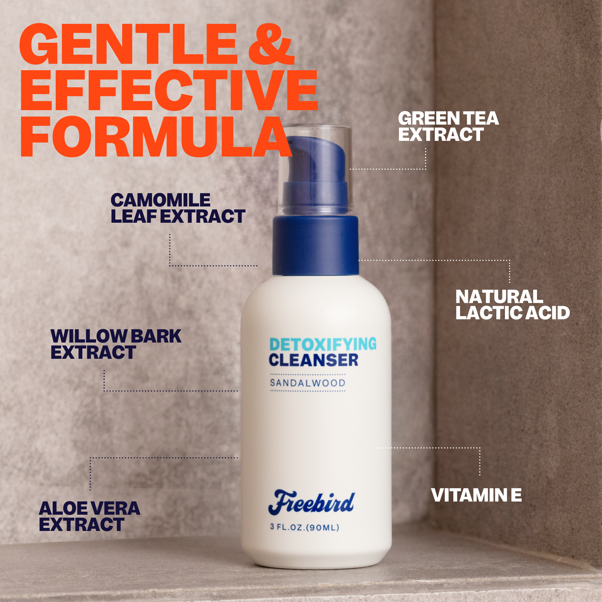Freebirds Detoxifying Bald Head Cleanser with sandalwood, aloe, willow, and camomile extracts sits elegantly on the shelf.