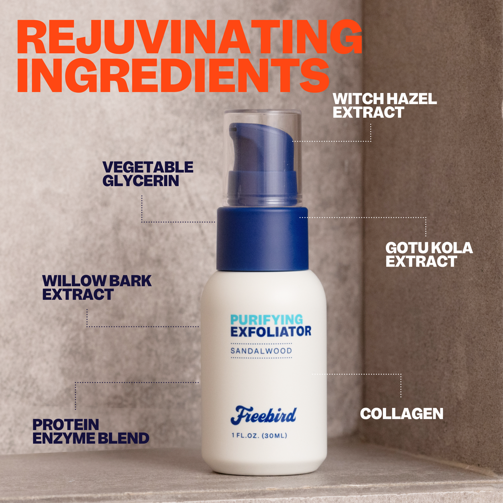 Freebird's Purifying Scalp Exfoliating Scrub includes ingredients such as sandalwood and witch hazel extract, formulated to effectively remove dead skin cells.