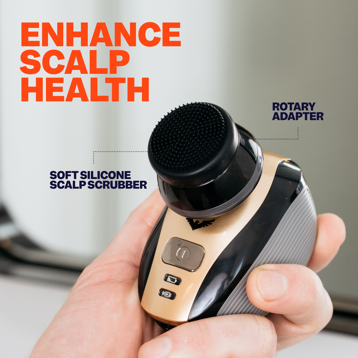 A hand holds an Exfoliation & Scalp Brush with a gentle silicone scrubber and rotary adapter, accompanied by the text: Enhance Scalp Health through Thorough Cleansing.