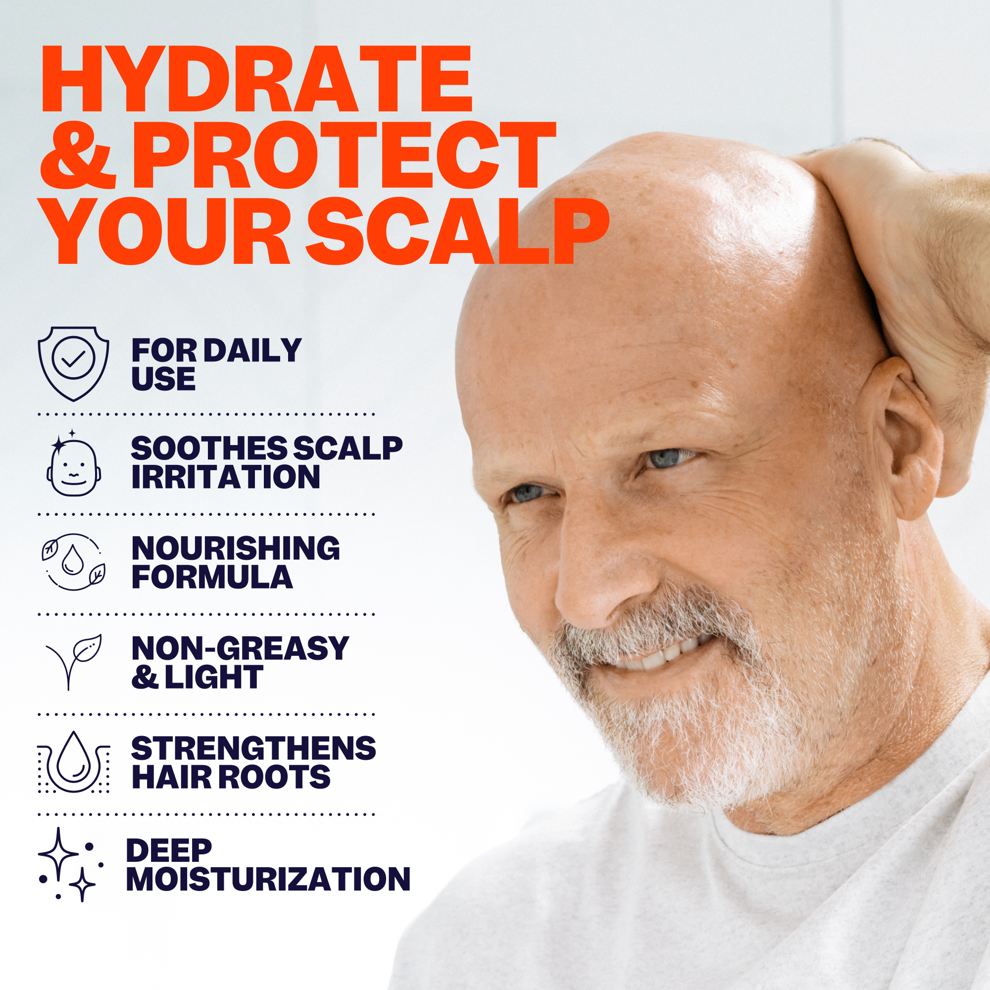 Bald man smiling, touching head. Text: Hydrate & Protect Your Scalp with benefits like Freebird's Refreshing Scalp Moisturizer's anti-aging properties.