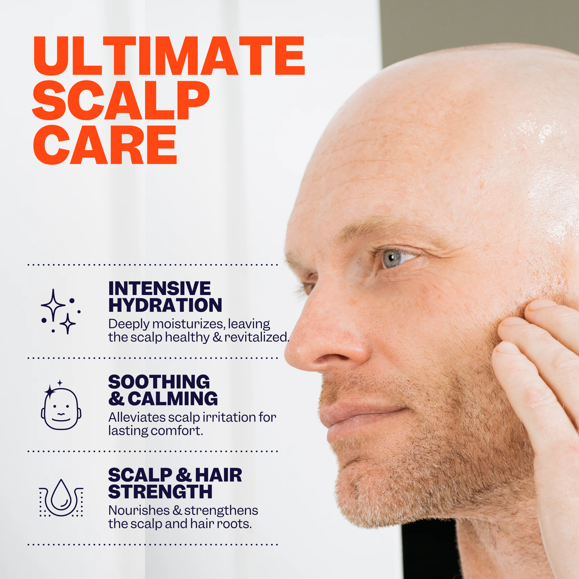 A man is applying Freebird's Refreshing Scalp Moisturizer, which offers advantages such as hydrating the scalp, calming irritation, and strengthening hair roots.