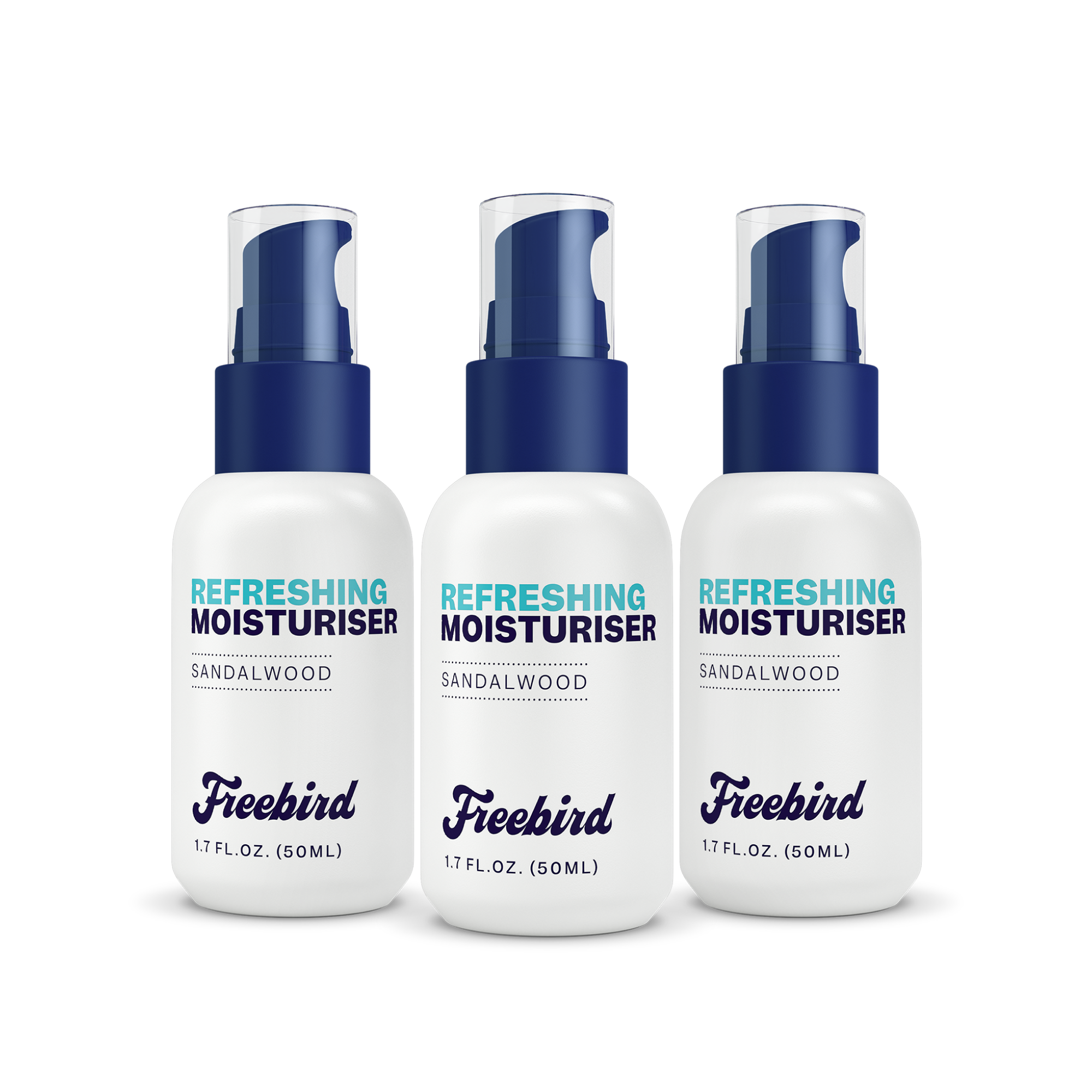 Three Freebird Refreshing Scalp Moisturizers with blue caps and white labels to enhance skin moisture.
