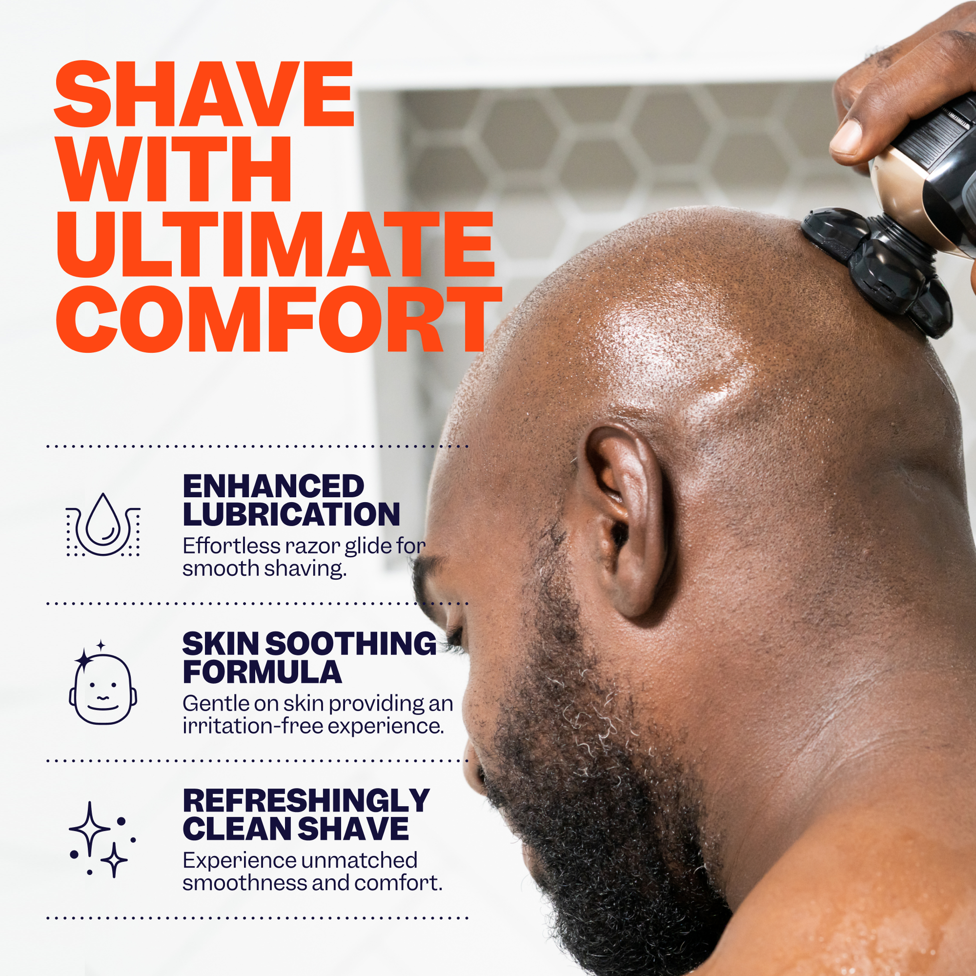 A man uses Freebird's electric razor to shave his bald head, enjoying an ultra-comfortable and flawless experience. The soothing benefits are amplified with Soothing Shave Gel by Freebird, providing optimal lubrication and maximum comfort.