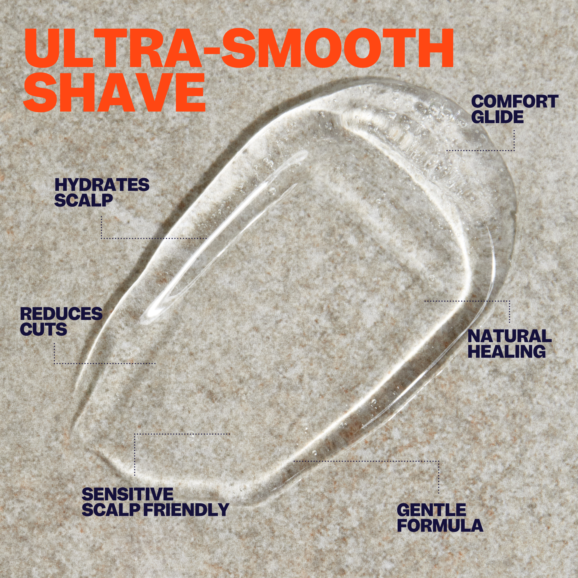A droplet of Freebird's Soothing Shave Gel on a textured surface with labels: ultra-comfortable shave, hydrates scalp, reduces cuts, sensitive.