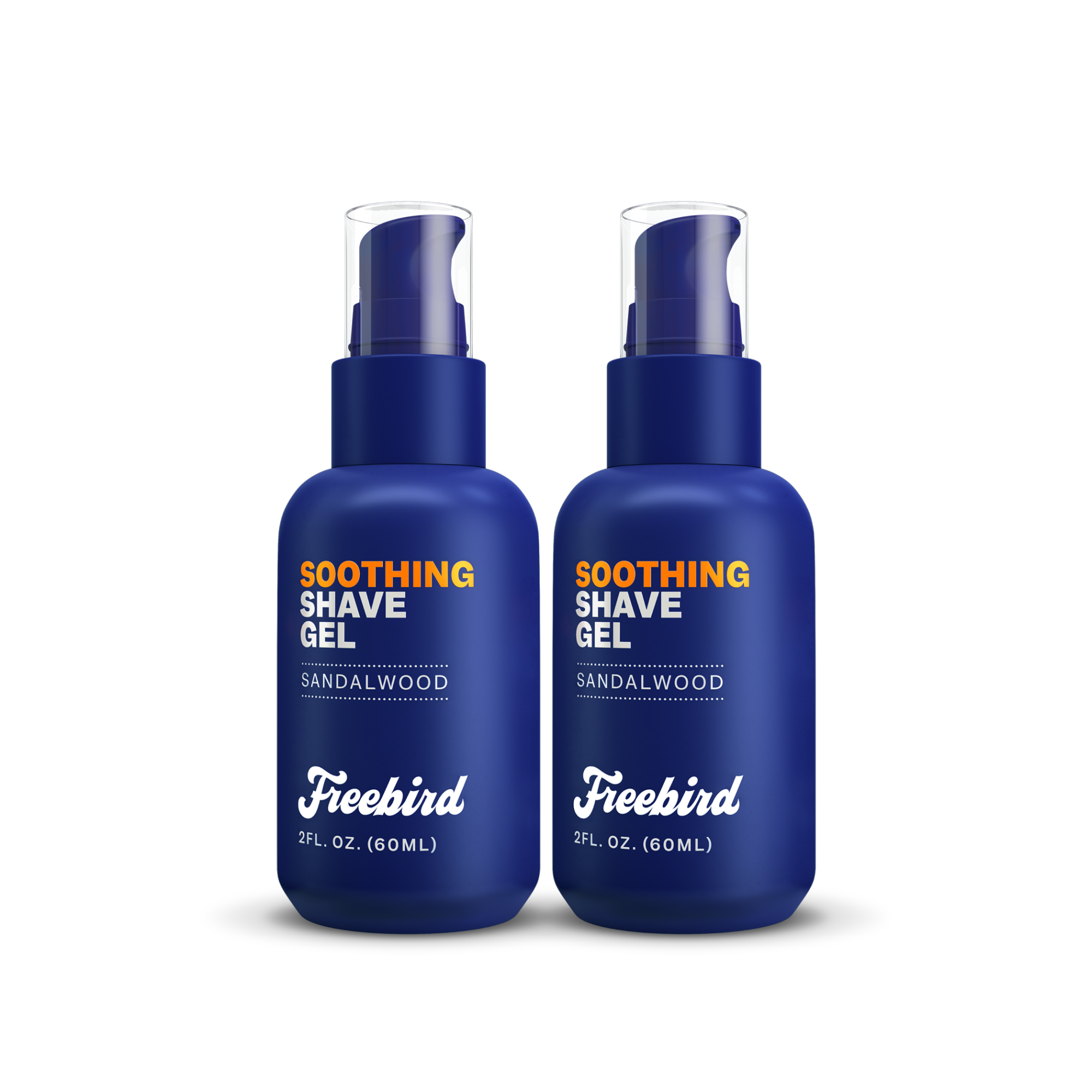 Two 2 fl oz bottles of Freebird Soothing Shave Gel in sandalwood scent for nourishing skin.