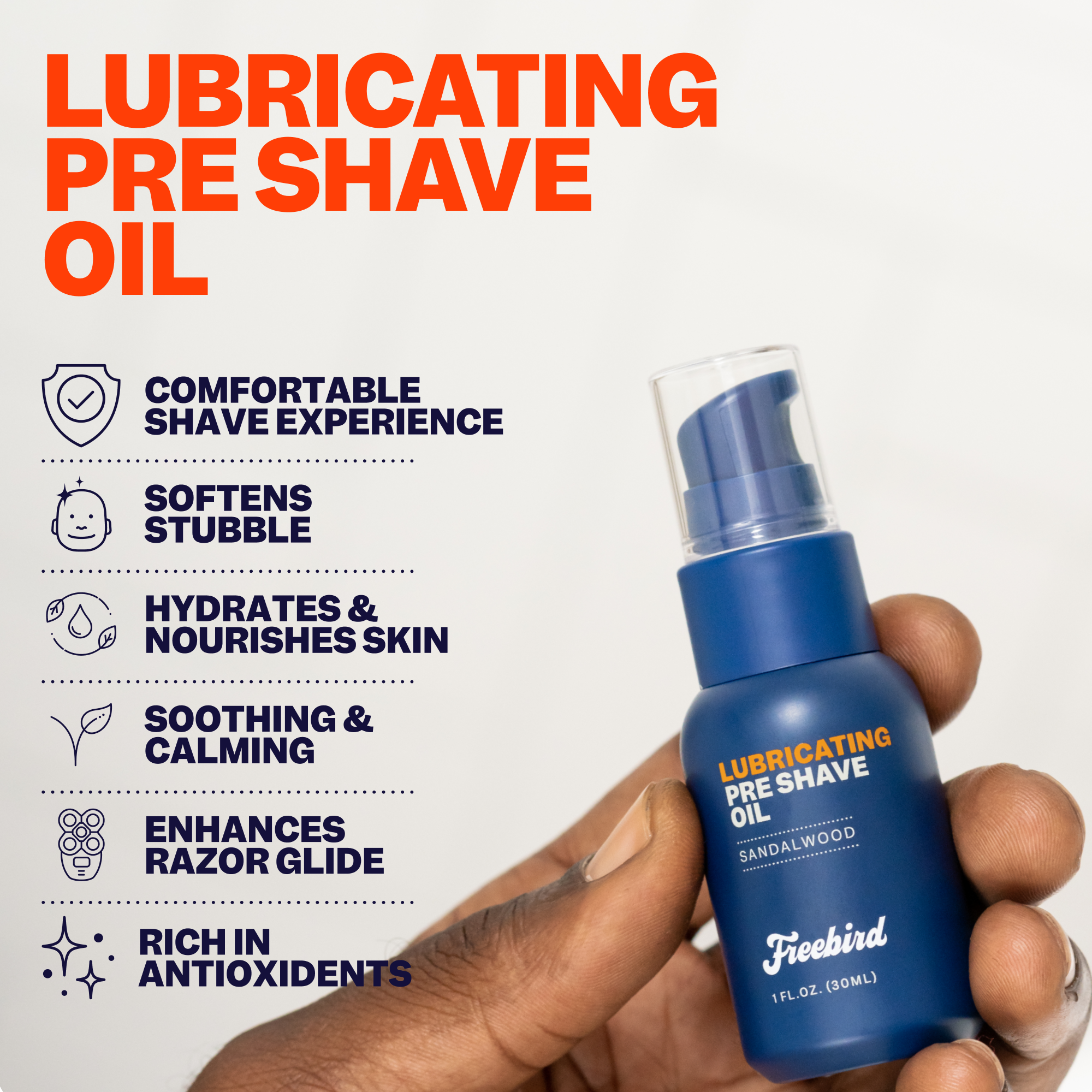 A hand holding a bottle from the Shave & Scalp Care Kit by Freebird, crafted for the ultimate scalp smoothness, with its noteworthy benefits listed beside it.