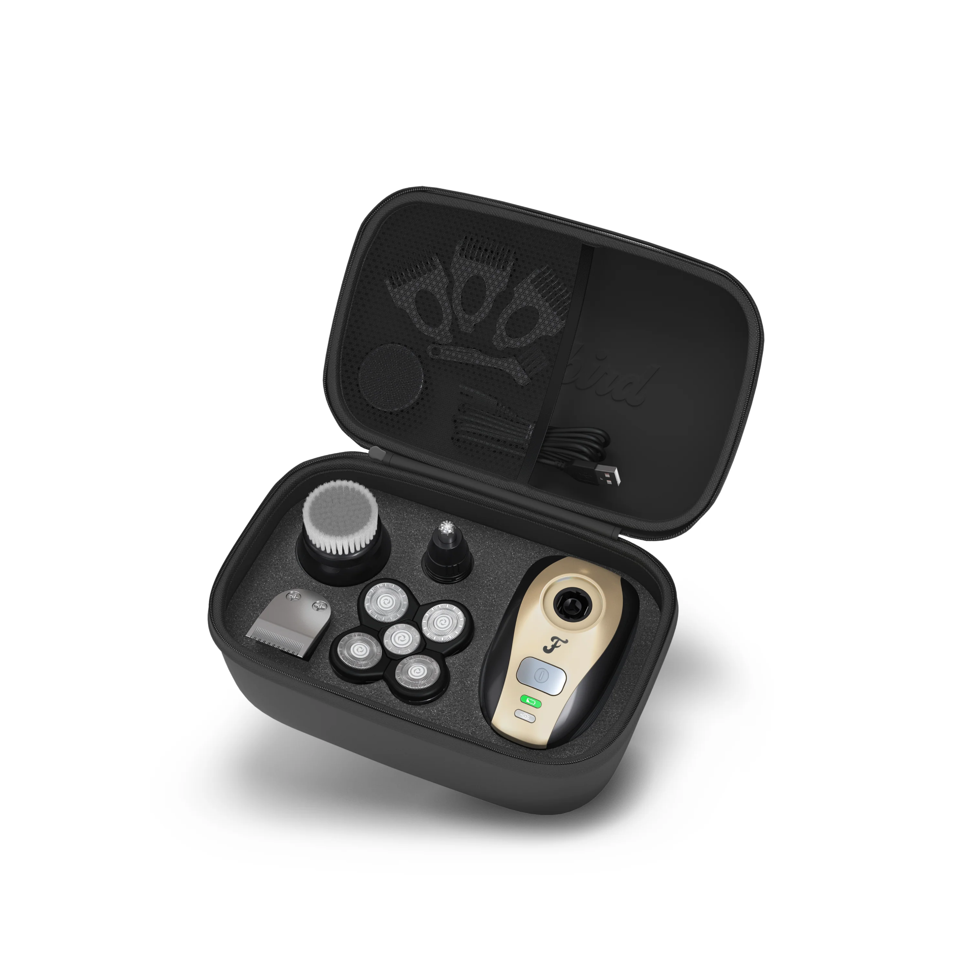 The FlexSeries Kit by Freebird is packaged in an open black case called the Travel Case, showcasing a sleek design with shaver attachments and various grooming accessories.