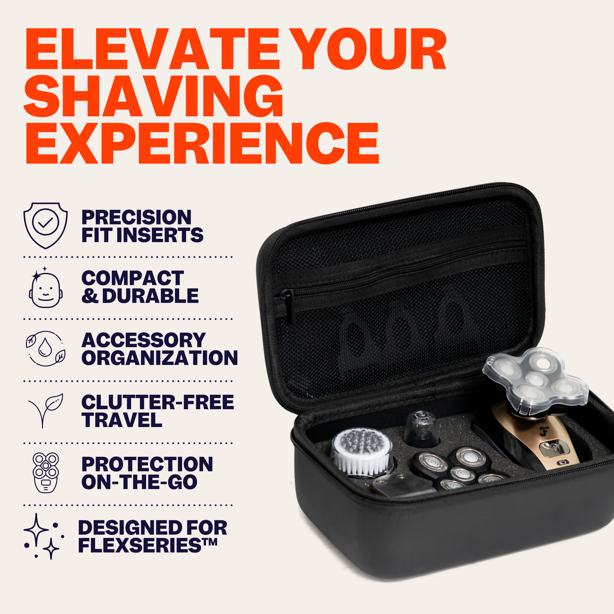 Introducing the Freebird Travel Case: a sleek black shaving kit designed for clutter-free travel and precision grooming, featuring multiple shaver attachments for ultimate versatility.