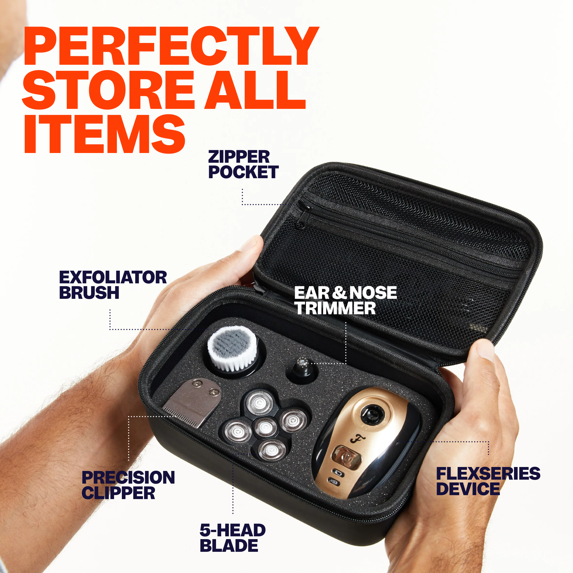 A hand holds the Freebird FlexSeries® Travel Case, neatly storing grooming tools with each item labeled in its own compartment.