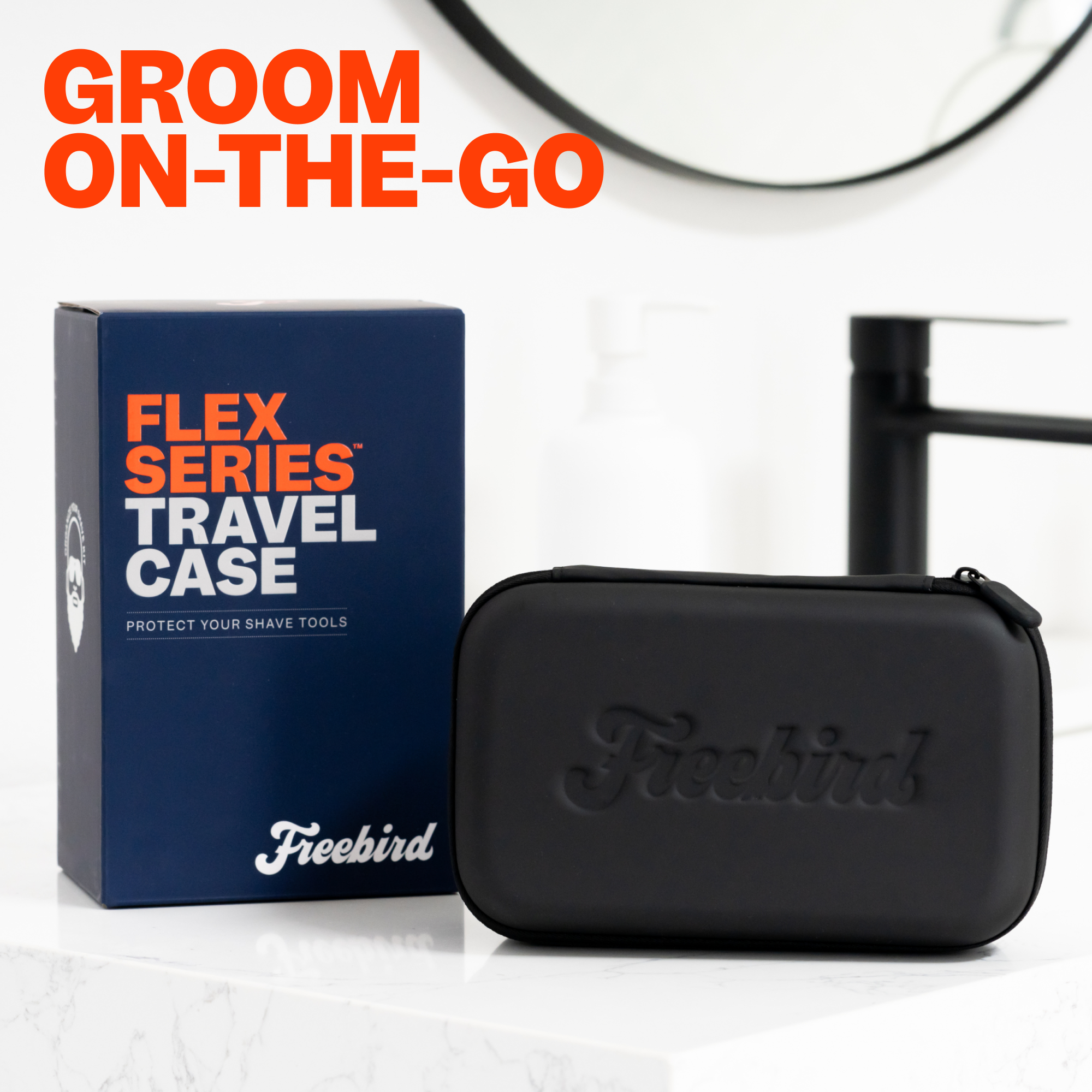 Freebird FlexSeries® Travel Case and box on white counter, bold red GROOM ON-THE-GO above—perfect for effortless grooming.