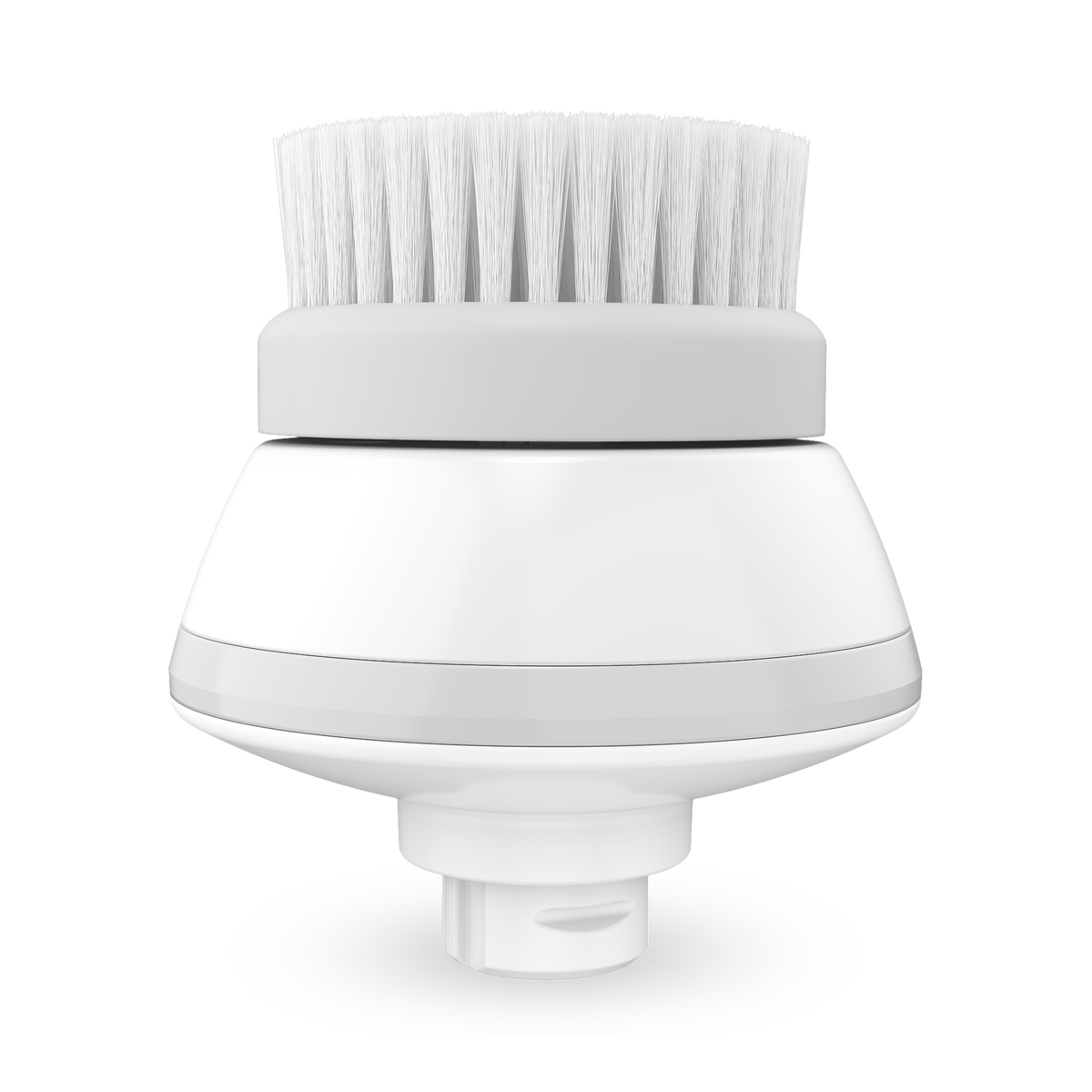 The Freebird Exfoliation Brush is a white, round brush head with dense bristles and a sturdy plastic base, shown from the front.