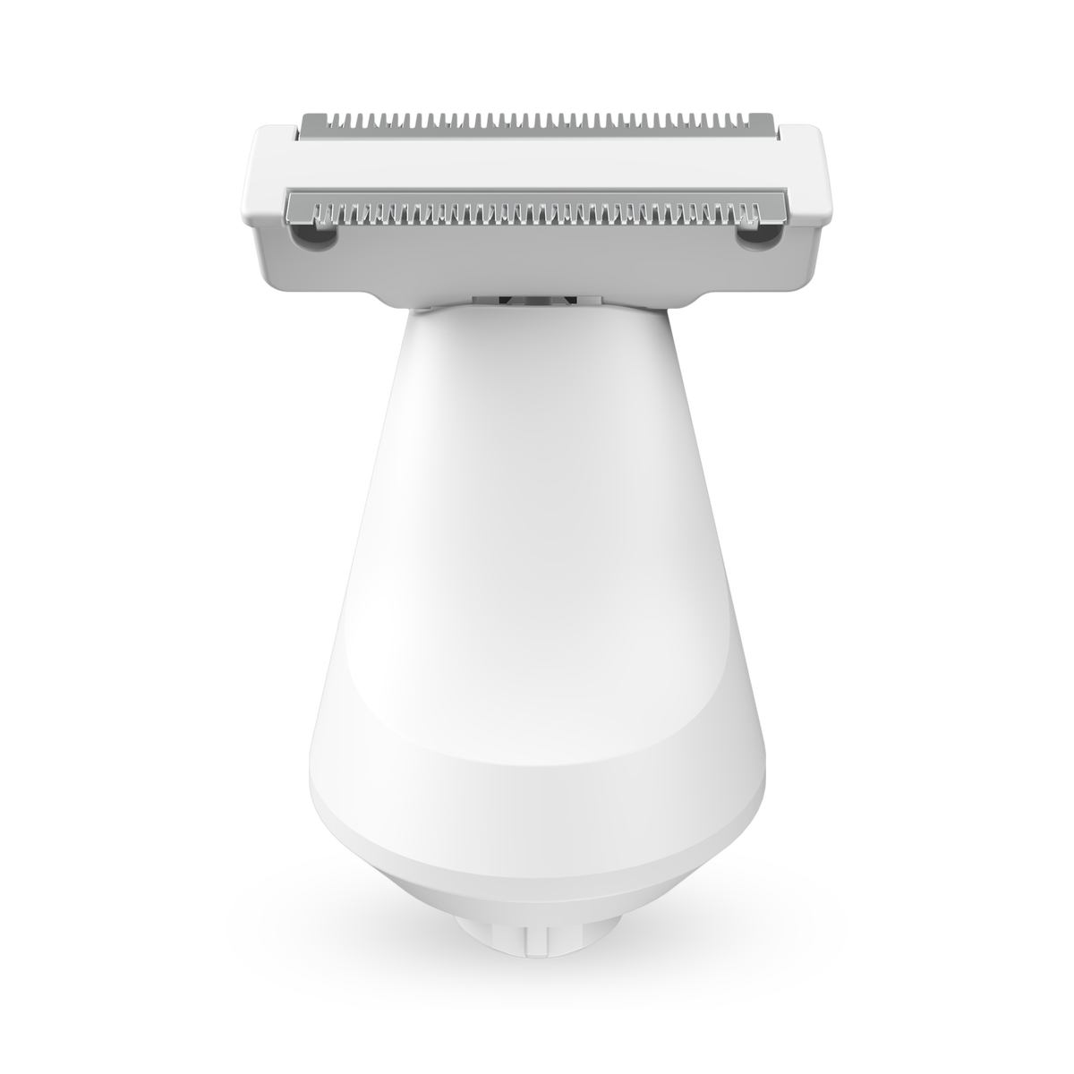 The Freebird Precision Body Trimmer head in white, shown from the front, offers a comfortable shave on a plain background.