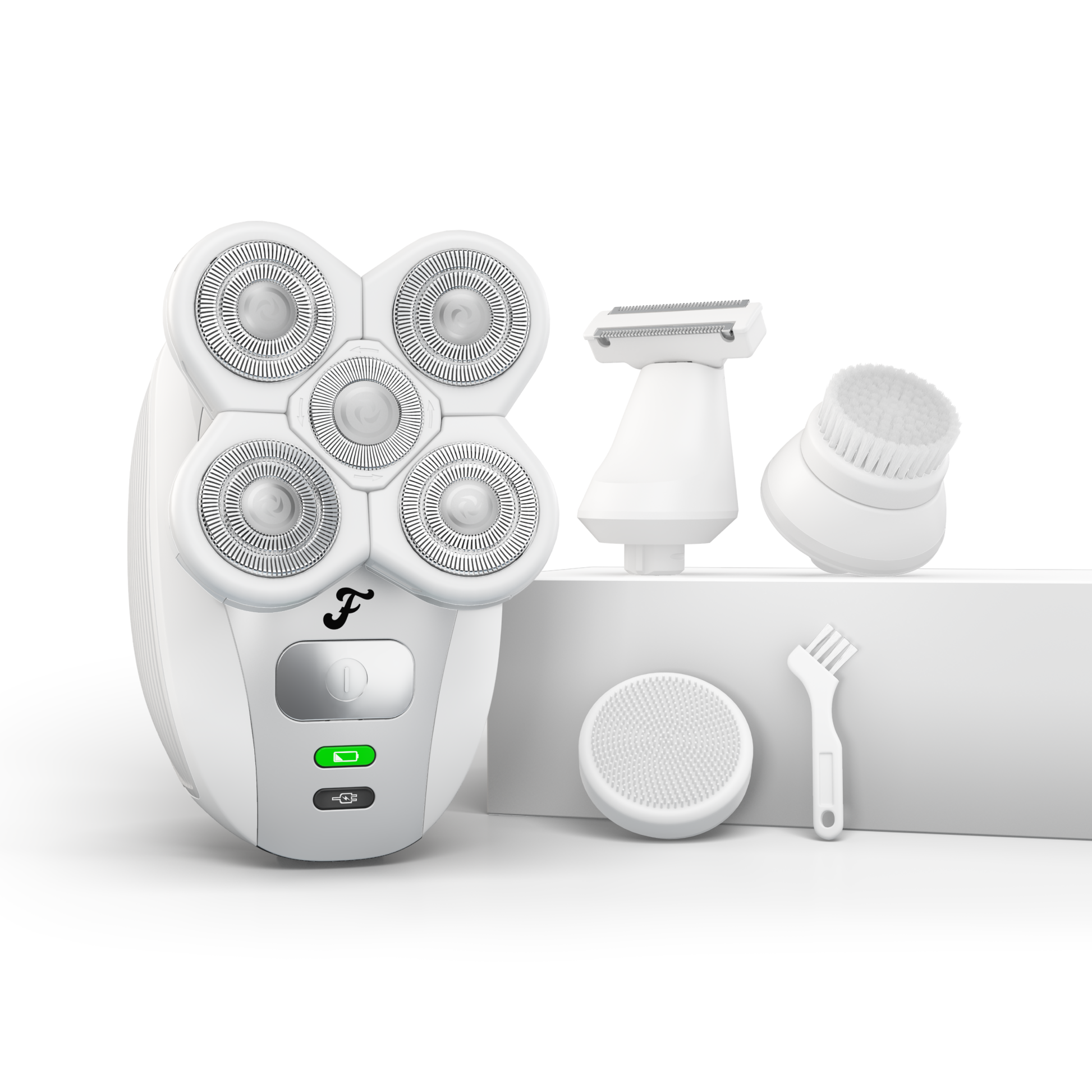 Freebirds FlexSeries® Shaving Kit for Women features a multi-head shaver, extra attachments, and a cleaning brush on a white background.