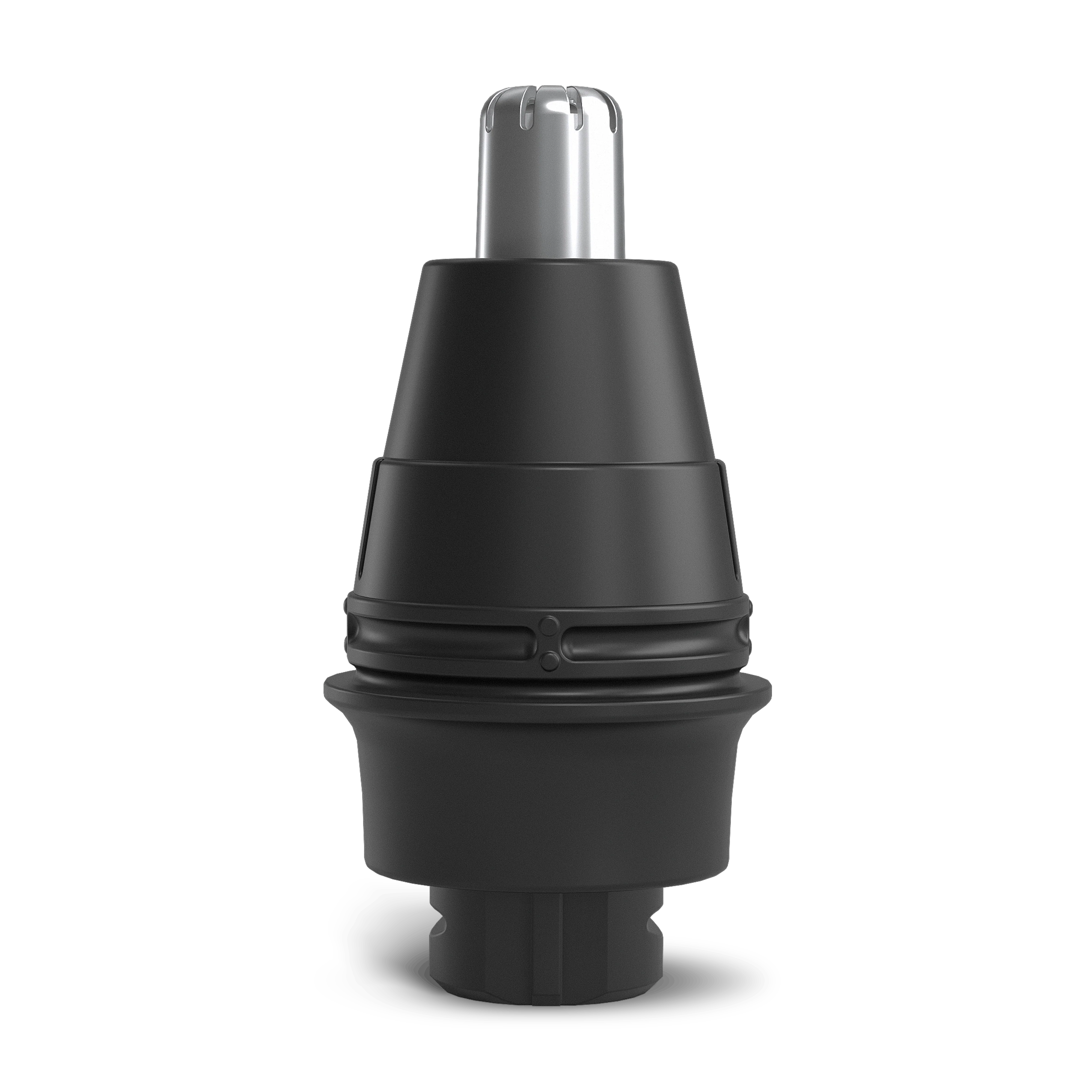 Black and silver cylindrical mechanical component on a black background.
