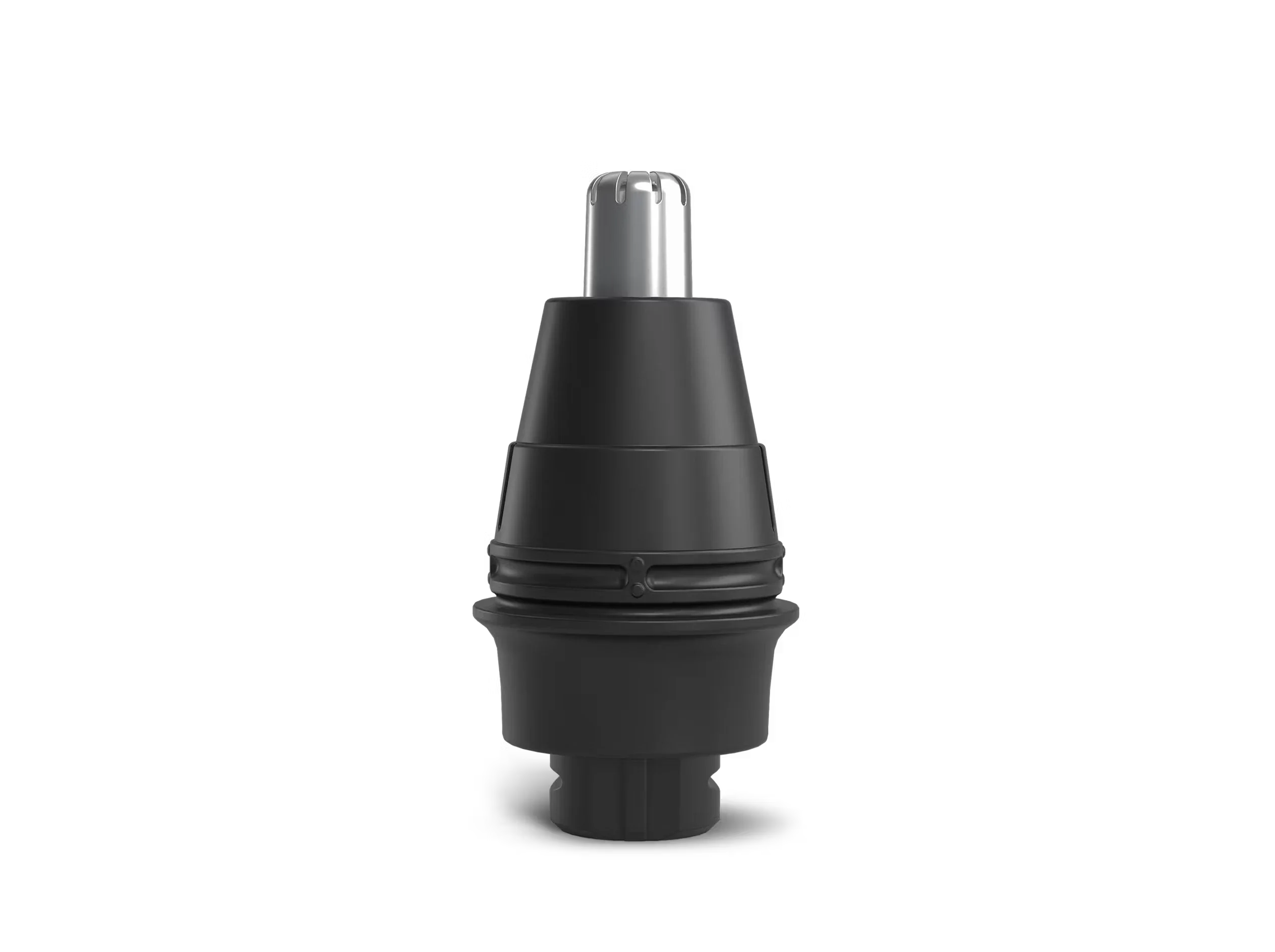 Close-up of a black nose hair trimmer with a metallic tip on a white background.