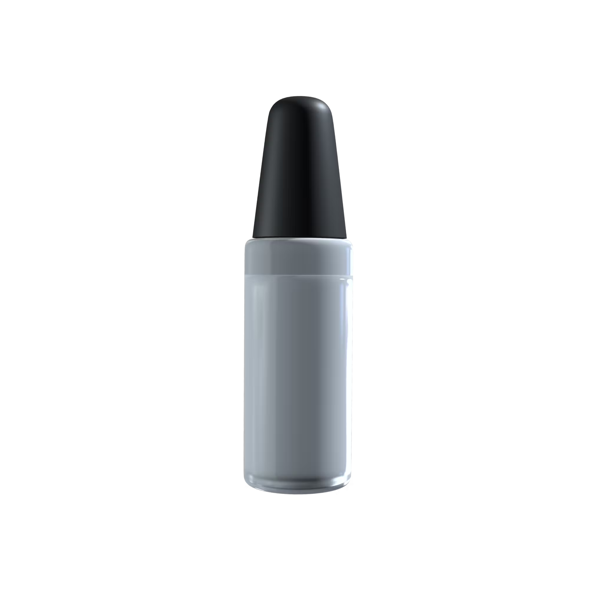 A small, opaque bottle with a black cap on a black background.