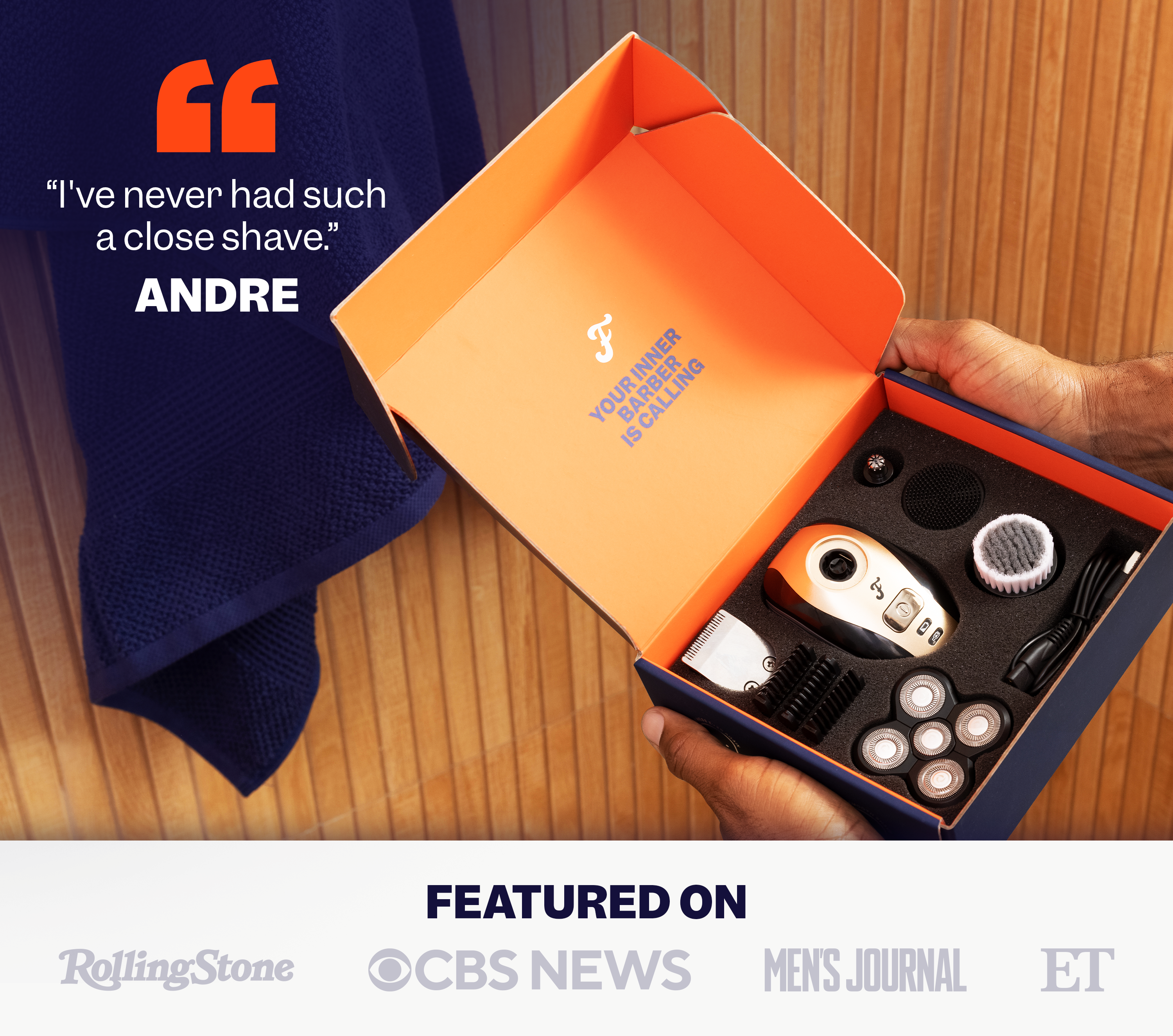 Man holding a Freebird FlexSeries® Shaving Kit; quote above reads, “I’ve never had such a smooth shave.”