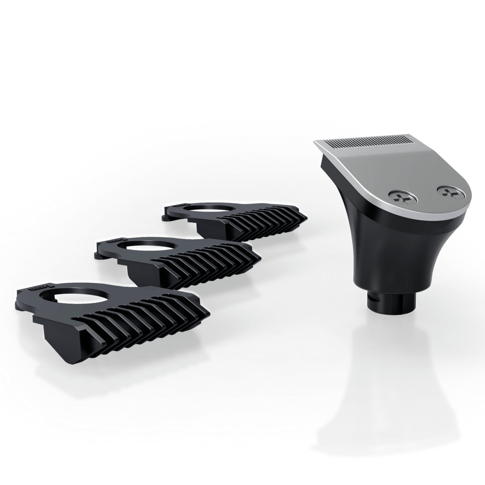 The Precision Clipper & Guards features three black plastic comb attachments, perfect for precise fading, all set against a white background.