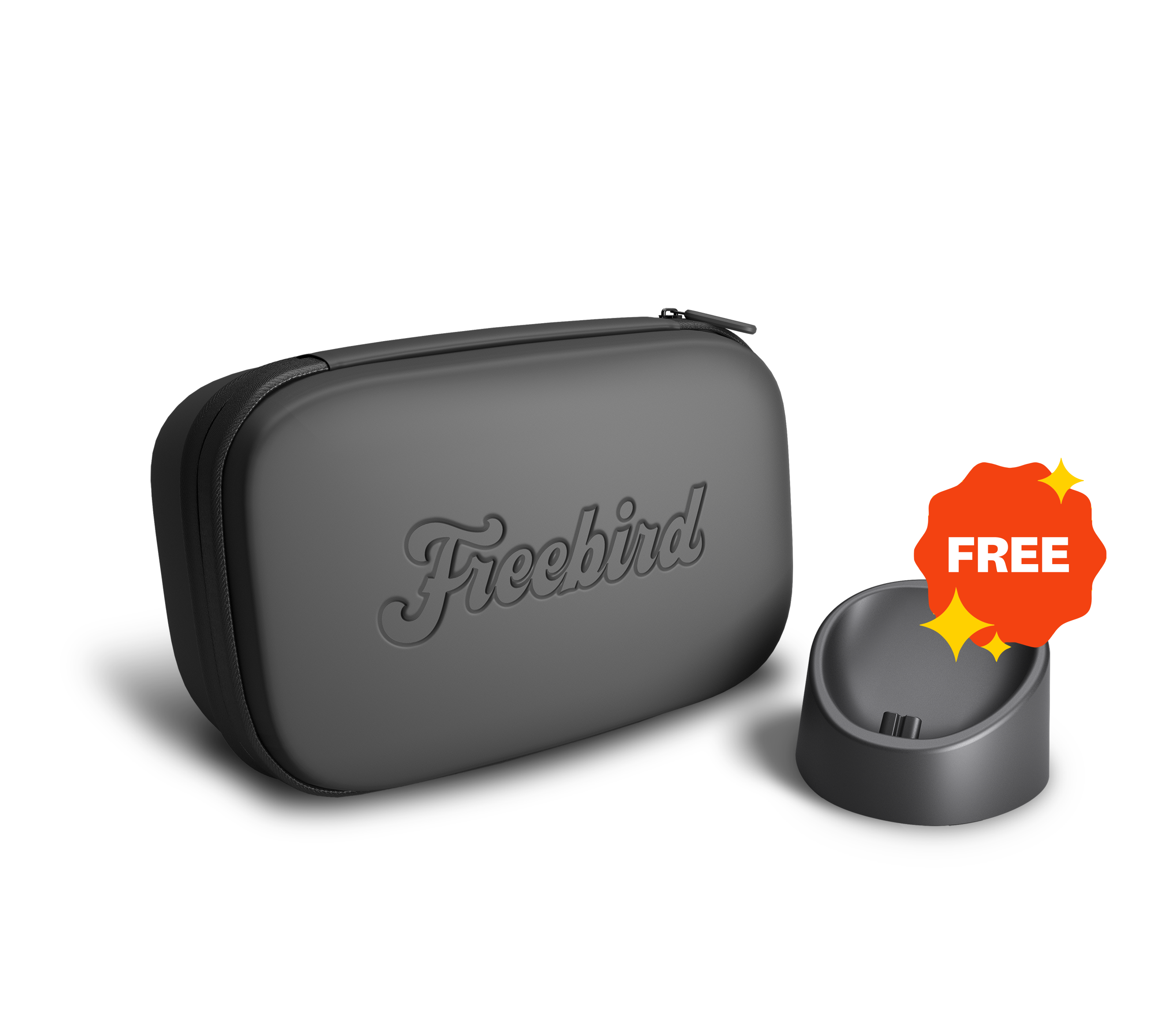 The gray zippered Freebird FlexSeries™ Travel Case, complete with a complimentary charging dock, neatly stores your FlexSeries™ Kit shaver, keeping everything organized and ready for use.