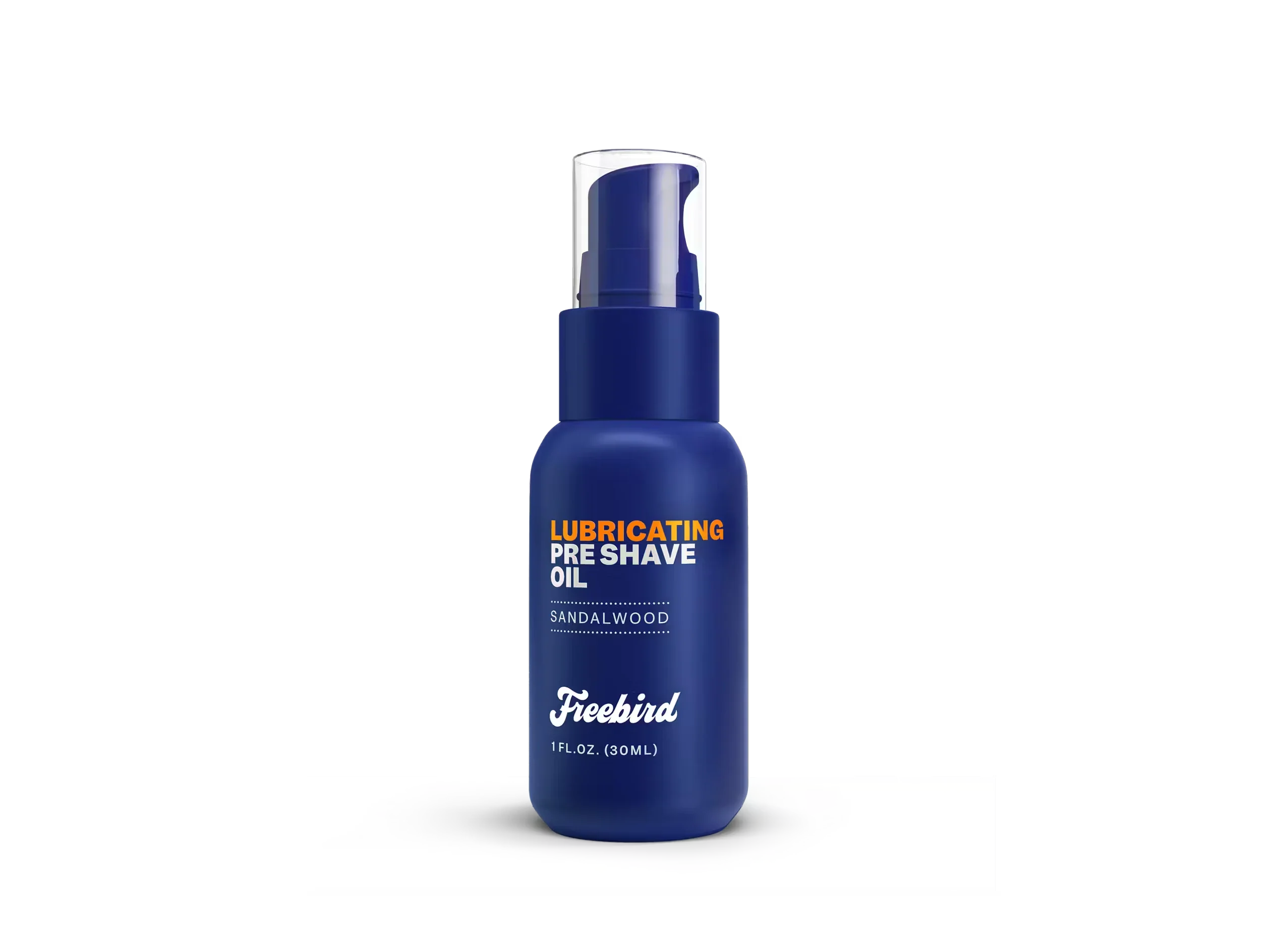 Blue bottle of lubricating pre-shave oil with sandalwood scent.