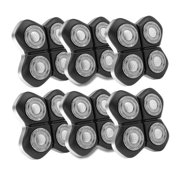 Seven Freebird FlexSeries® Pro Blade Refills, featuring a black and silver aesthetic and innovative spiral blade design, are arranged in a pattern, ensuring an irritation-free shave.