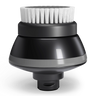 A black and gray cleaning brush head with white bristles.
