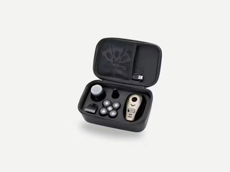 Black grooming kit with various attachments and a storage case.
