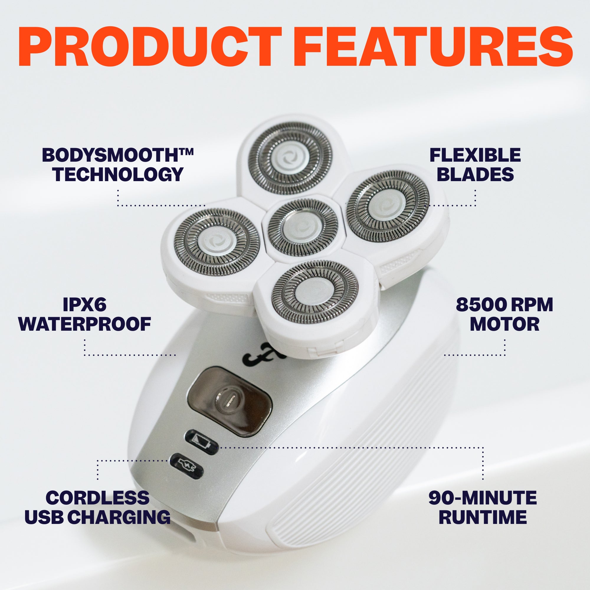 The Freebird FlexSeries® Shaving Kit for Women has five rotary blades, is waterproof, cordless, and offers a 90-minute runtime.