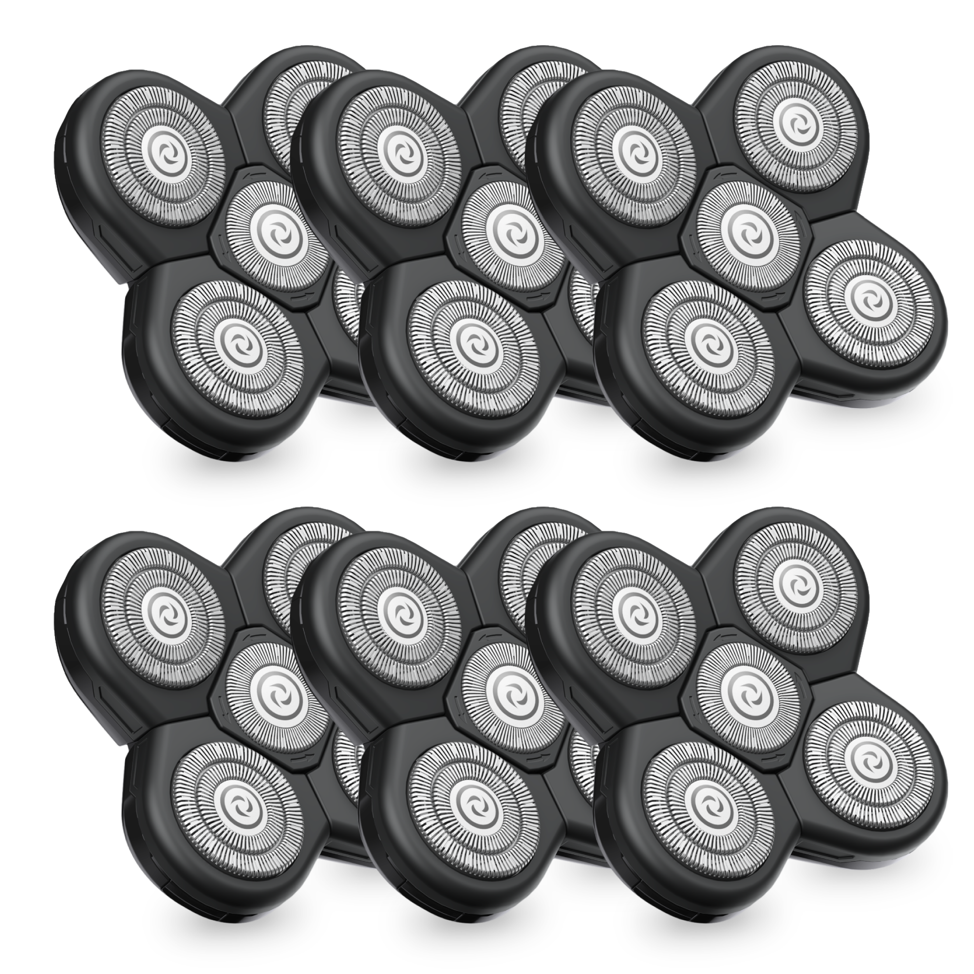 Ten black and silver Freebird FlexSeries® Blade Refills in two rows, designed for a close shave with ScalpSafe Technology.