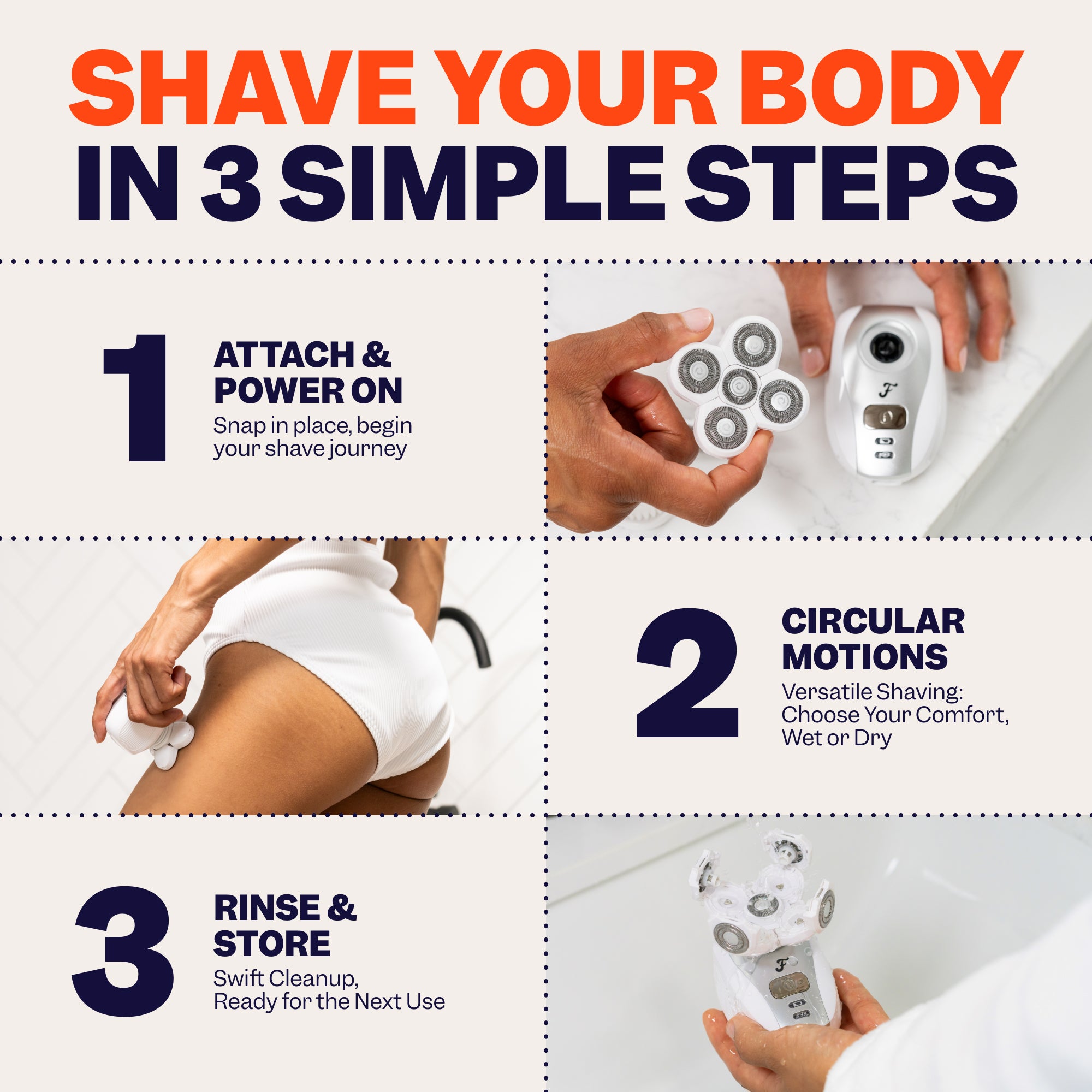 A woman shaves her leg with the Freebird FlexSeries® Shaving Kit: attach head, shave in circles, rinse and store.