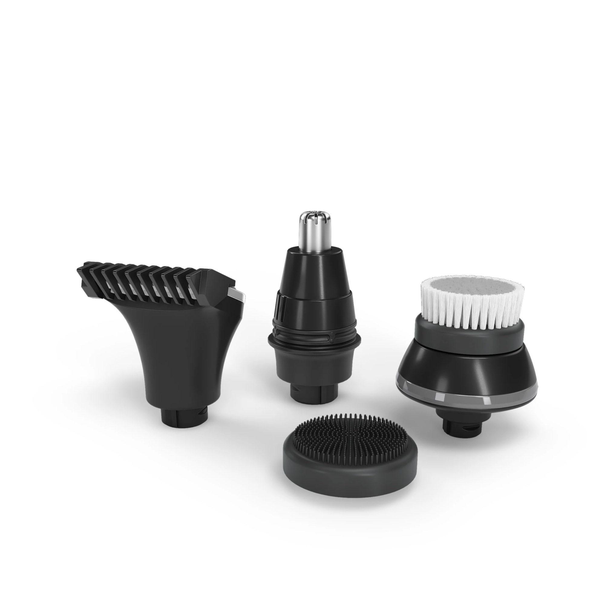The Freebird FlexSeries® Attachment Kit includes four black grooming attachments, like an Exfoliation Brush and Precision Clipper.