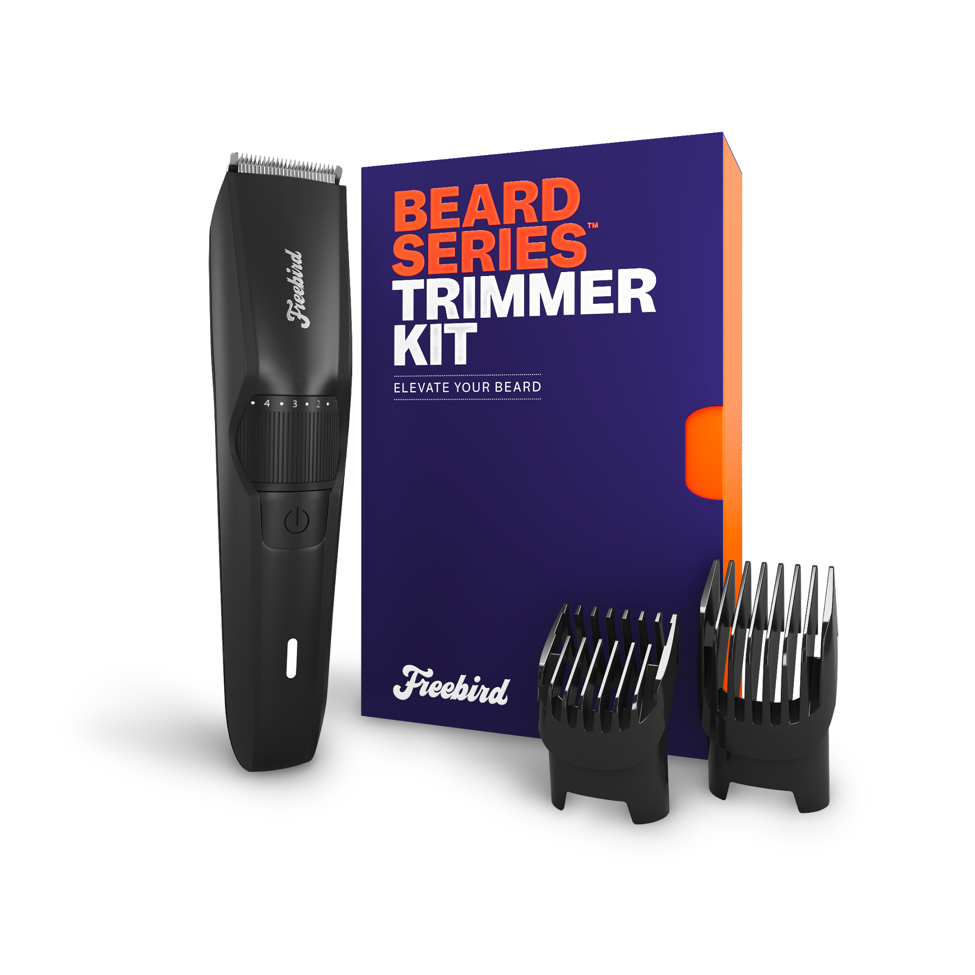 A black trimmer with guards sits next to a box labeled BeardSeries Beard Trimmer & Shaver Kit by Freebird in orange and blue.