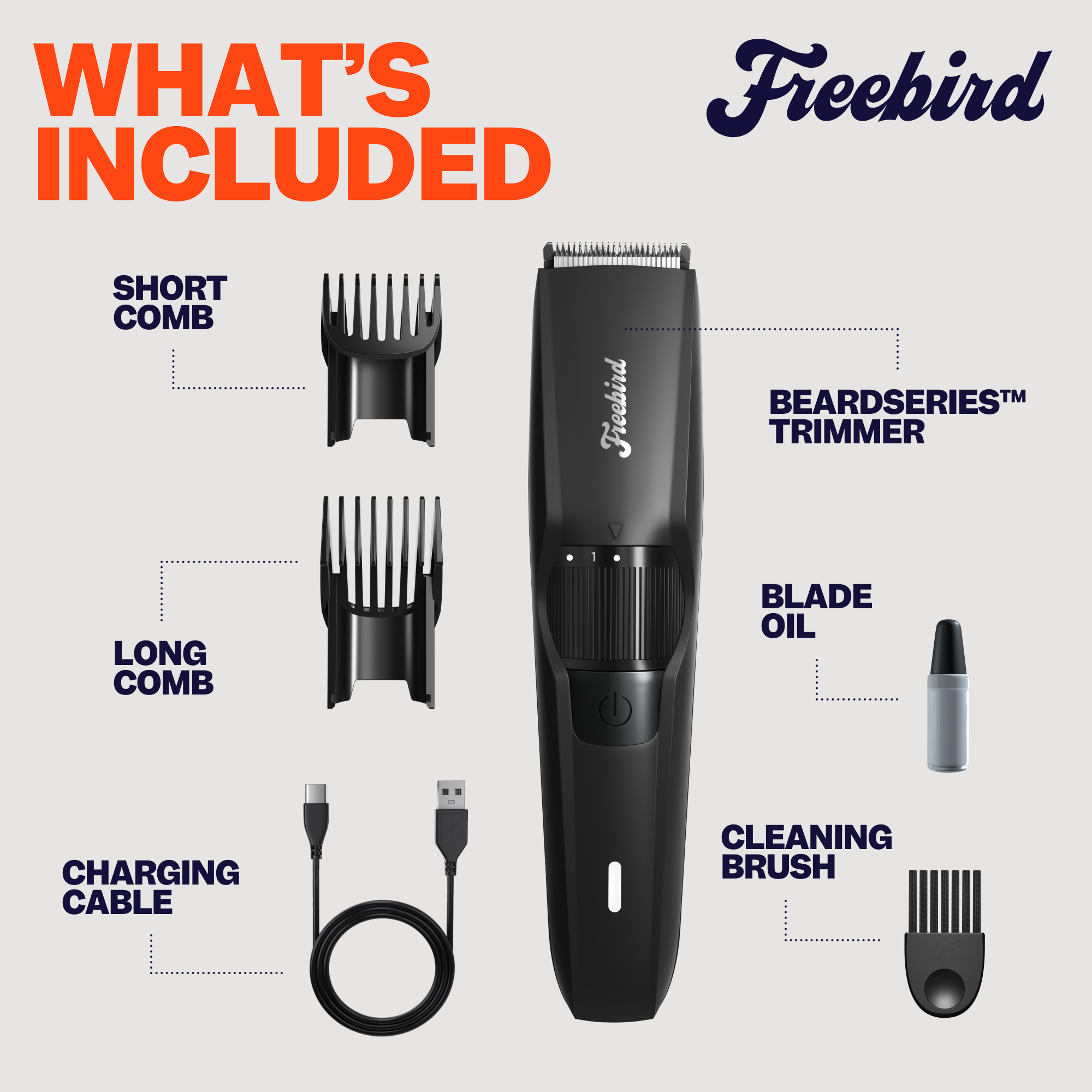 The Freebird BeardSeries kit includes a short comb, long comb, charging cable, blade oil, and cleaning brush.