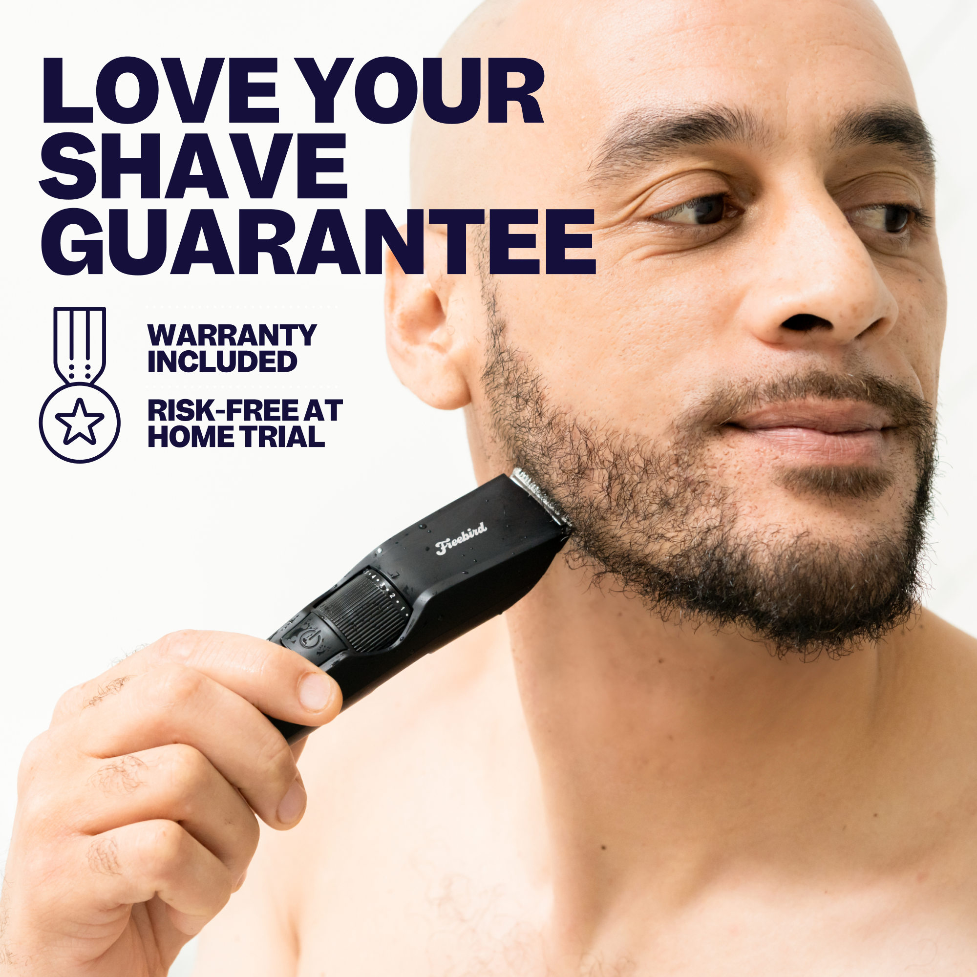 A man uses the Freebird BeardSeries Trimmer & Shaver Kit, boasting a shave guarantee and warranty.