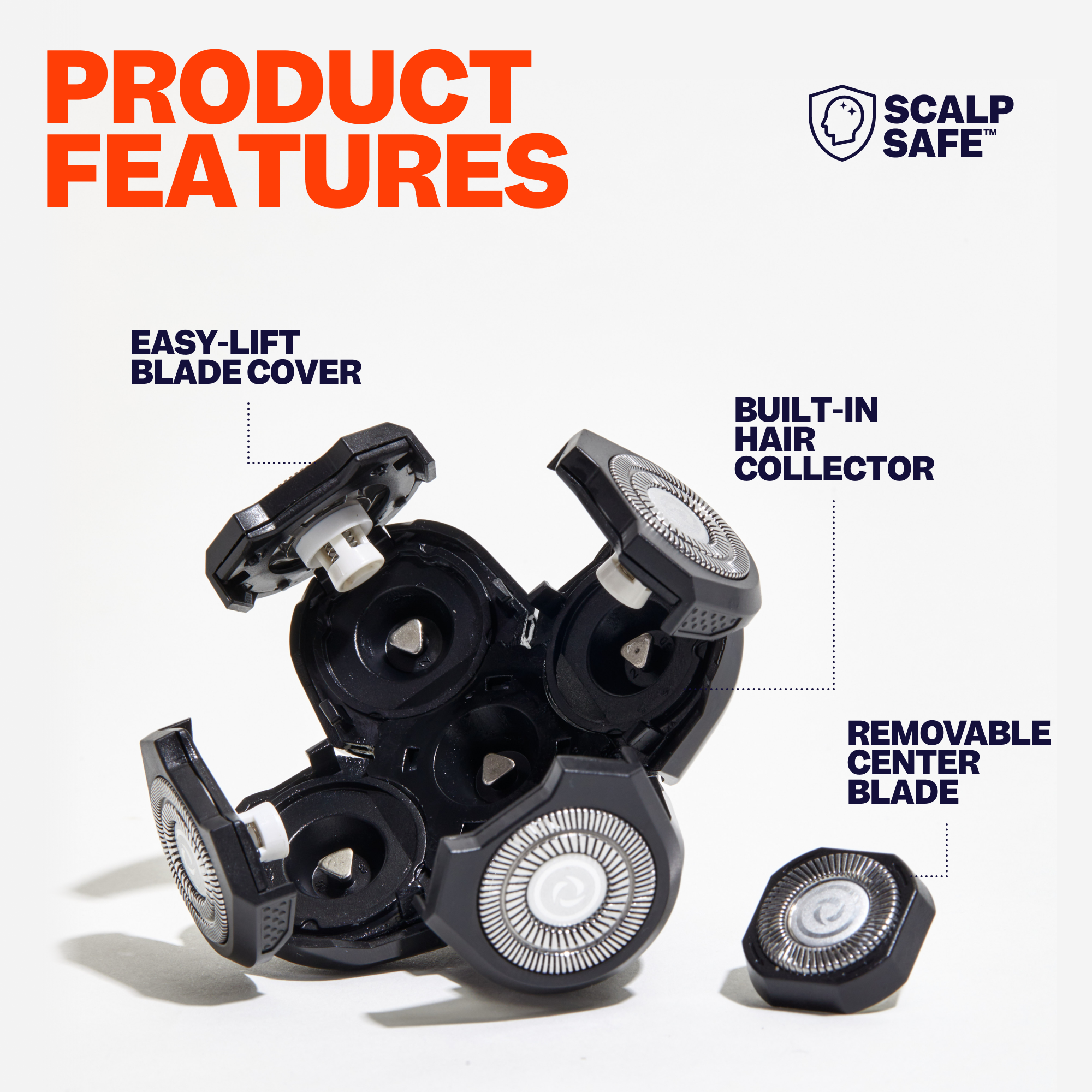 The Freebird FlexSeries® Blade Refill shown open, highlights irritation-free blade cover, hair collector, and removable center blade.