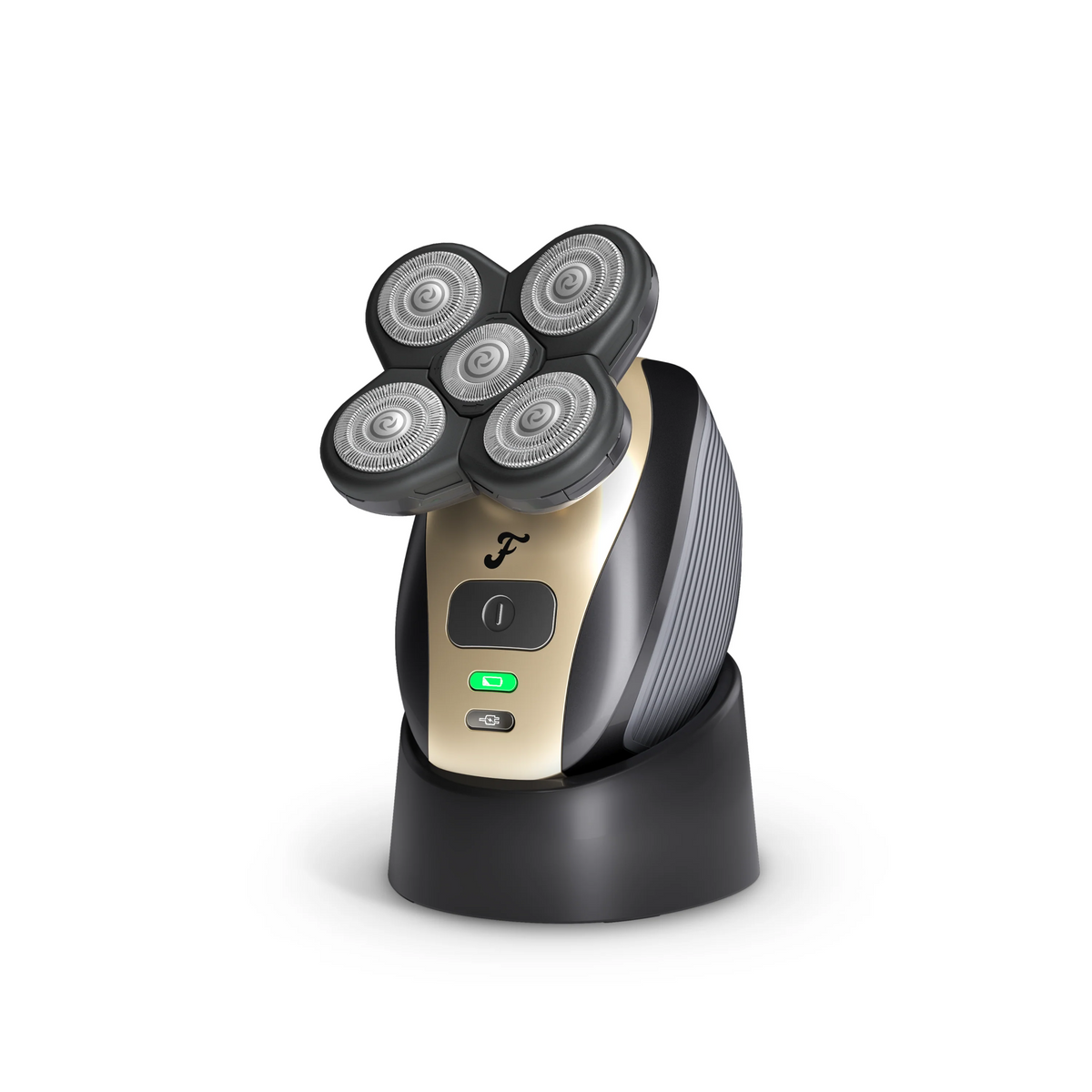 The sleek black and silver electric shaver, with the FlexSeries™ design, offers four rotary blades and comes with a convenient Charging Dock.