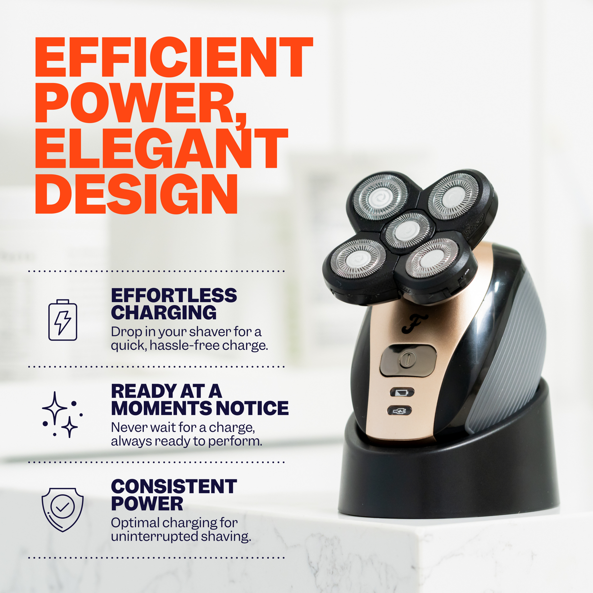 The Charging Dock, designed to hold the FlexSeries™ shaver with its five precision blades, epitomizes efficient power and sophisticated design.
