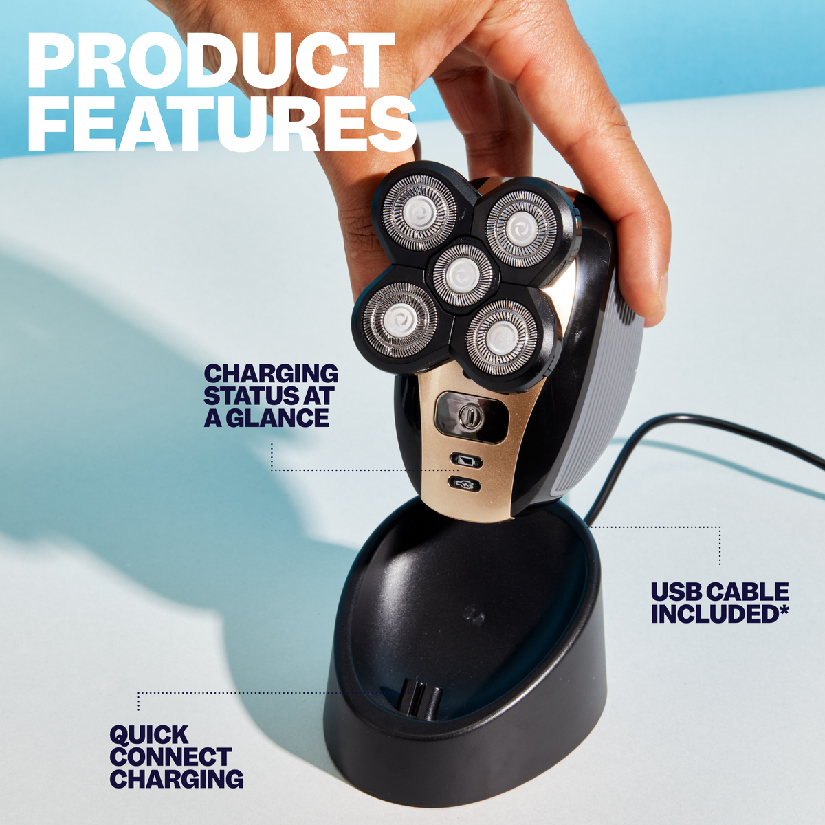 The FlexSeries™ electric razor includes a user-friendly Charging Dock and USB cable, making it ideal for a quick, efficient shave. Each unit prominently displays its top-performing features, ensuring a smooth and satisfying experience for every user.