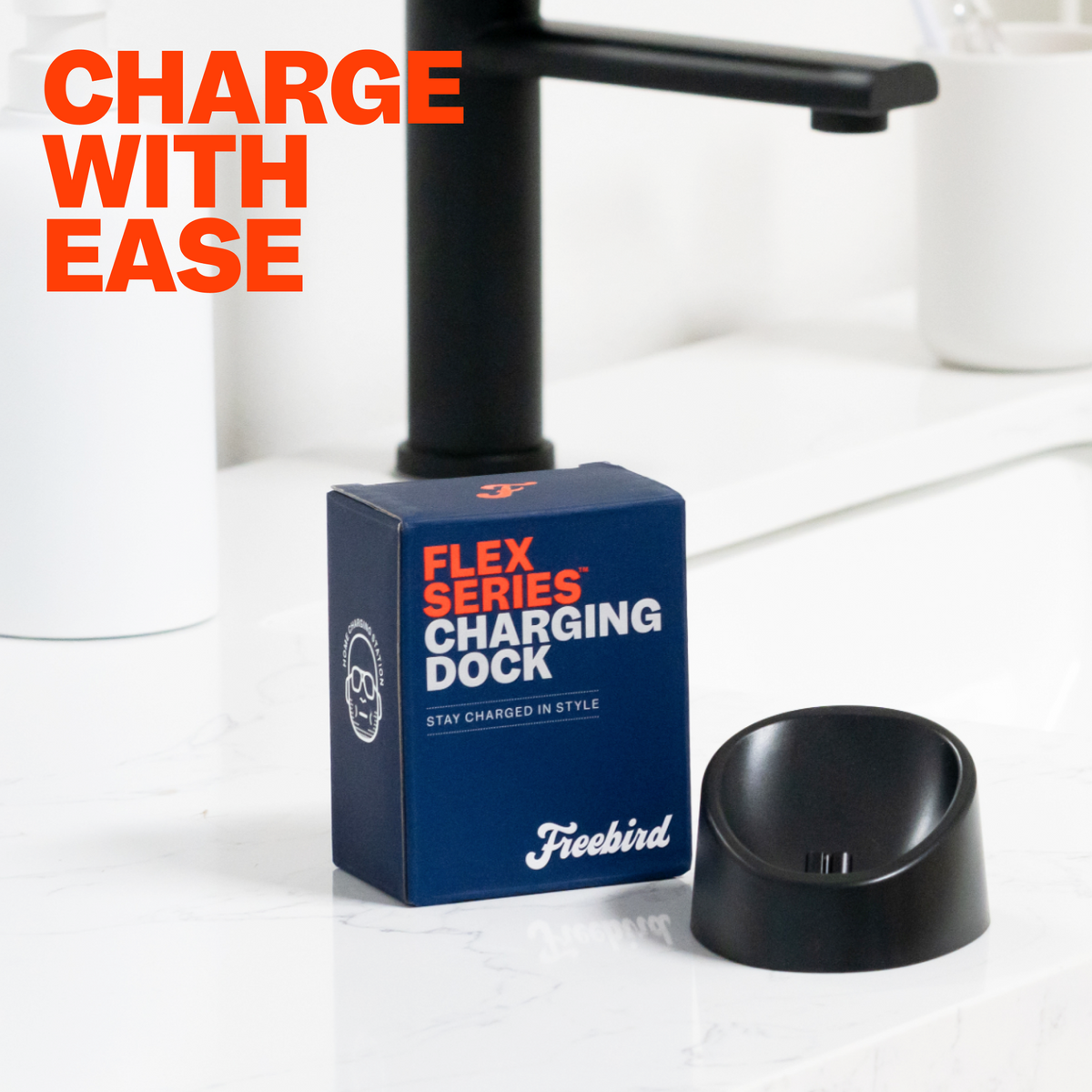Charging Dock and box on a white countertop with Charge with Ease text.