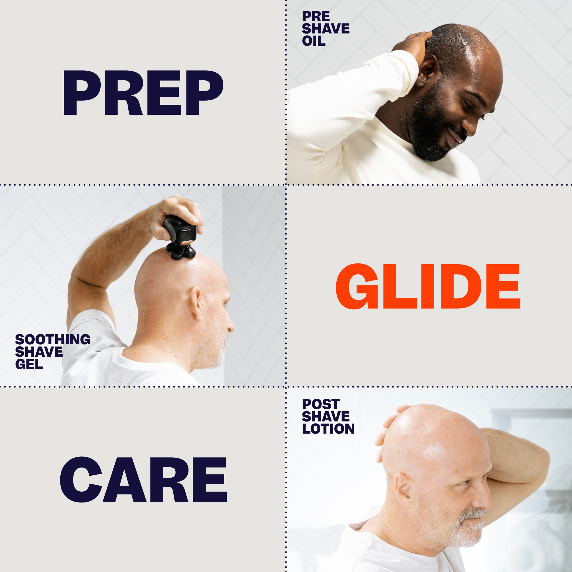 Men achieving a smooth shave with the Clean Cut Kit by Freebird, which includes pre-shave oil, soothing shave gel, and post-shave lotion.