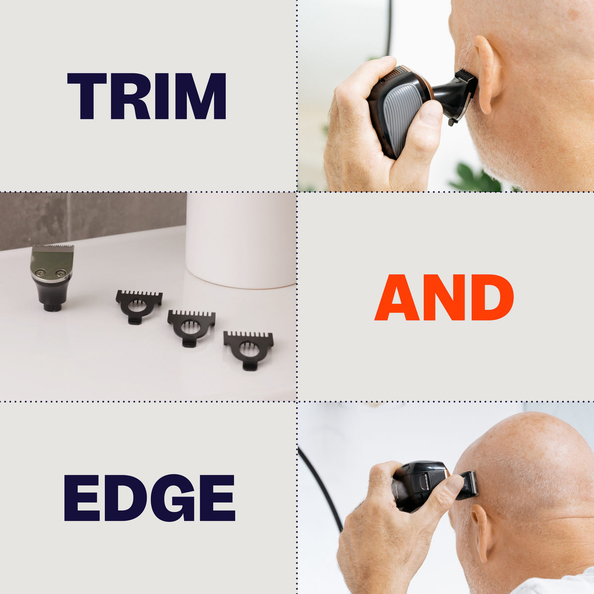 Using the Precision Clipper & Guards on their head, a person experiences efficiency through its interchangeable trimmer heads and the features that highlight Trim and Edge capabilities. The clipper's safety guards ensure an even fade with precision.