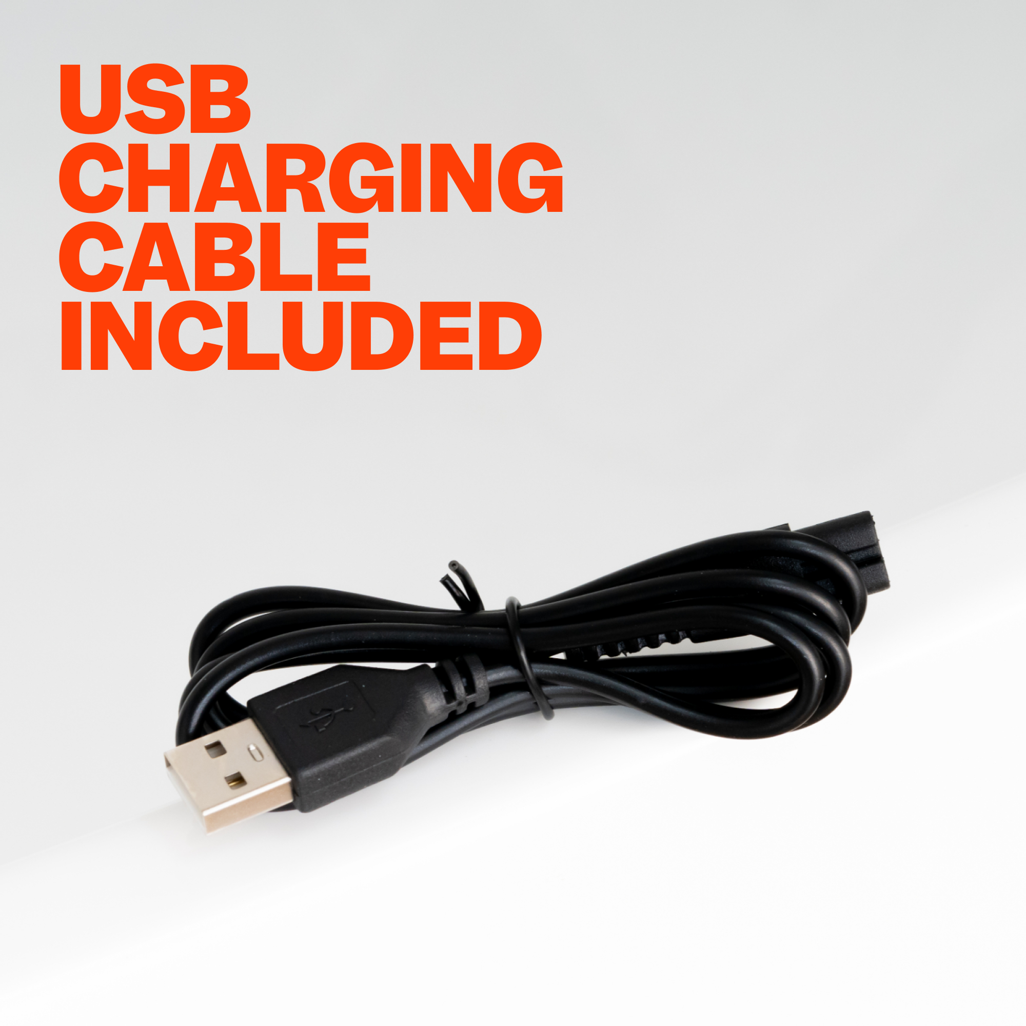 A black USB charging cable for the Freebird FlexSeries® Travel Case & Charging Dock with USB CHARGING CABLE INCLUDED in bold orange above.