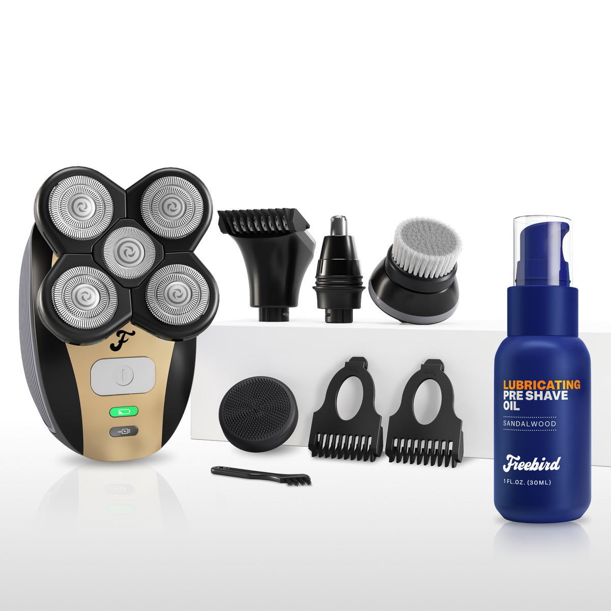 Freebird FlexSeries Shaving Kit + Free bundle with ScalpSafe Tech and pre shave oil for a smooth shave on any skin or hair type.